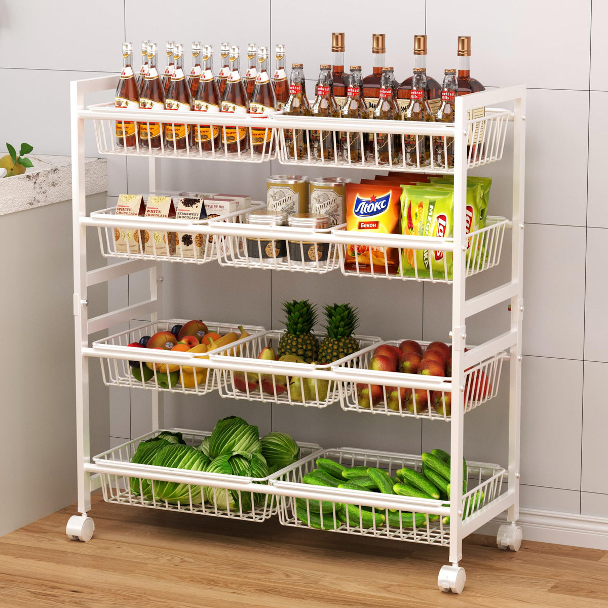 Cinati 4-Tier Snack Cart with Wheels, 29''W Toy Storage Organizer, Rolling Pantry Storage Cart with