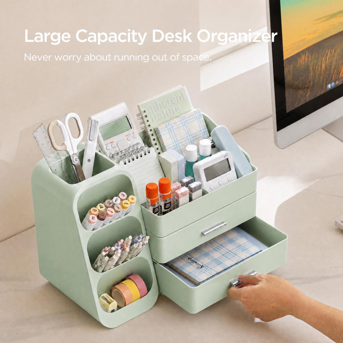 HBlife Desk Organizer with Pen Pencil Holder for Desk, Pen Organizer with 2 Drawers, Desk