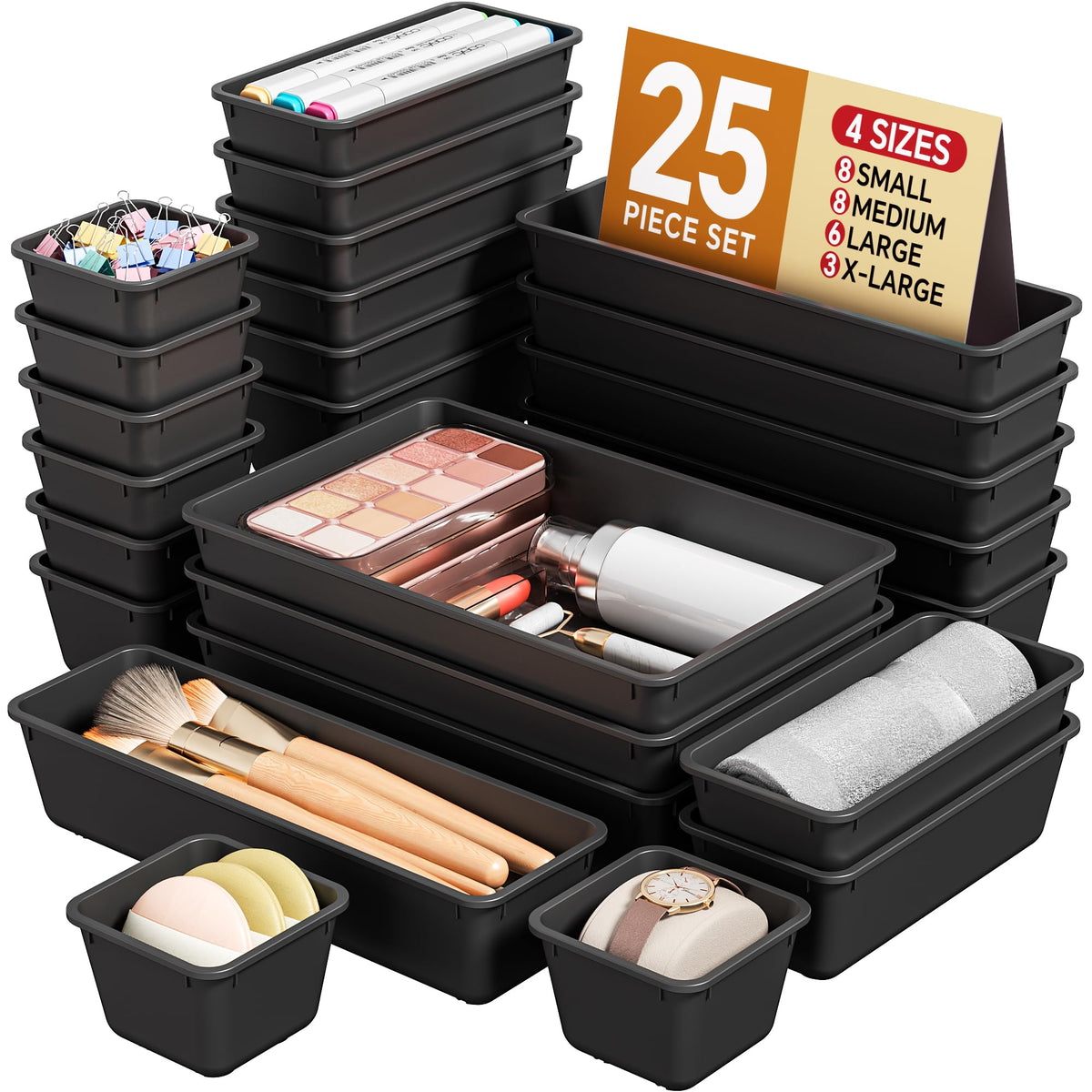 KEMETHY 25 PCS Plastic Drawer Organizers Set, 4 Sizes Vanity Organizer