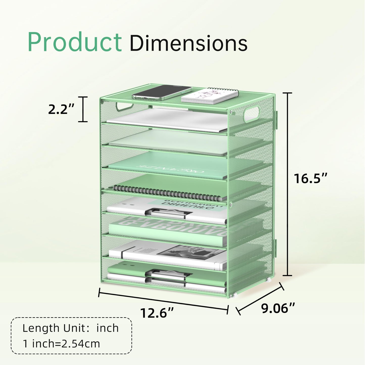 9-Tier Paper Organizer for Desk with Handles, Mint Green, 2 Pack