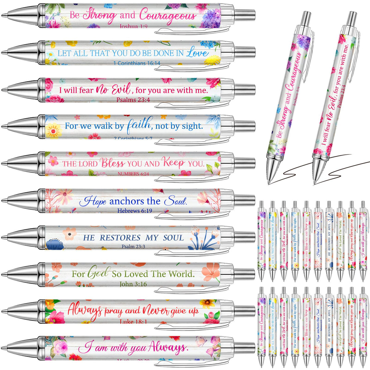 Qeeenar 50 Pcs Bible Verse Pens Christian Gift,Fresh Flower
