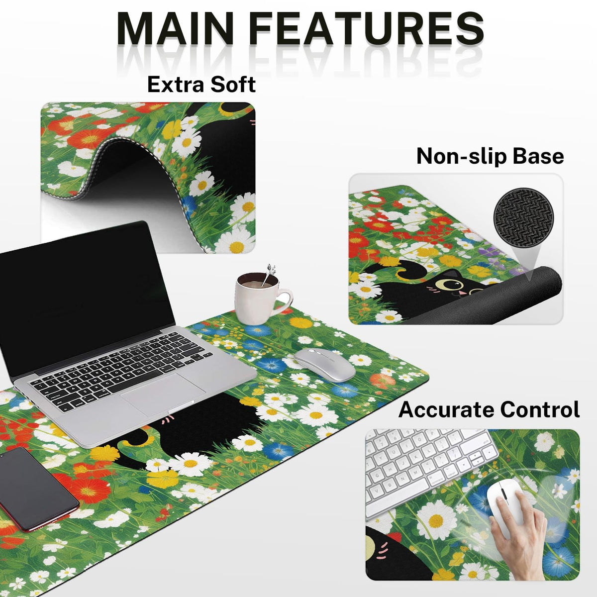 Arttown Keyboard Mouse Pad Set, 4 in 1 Desk Mat Set Cat Flower Cute