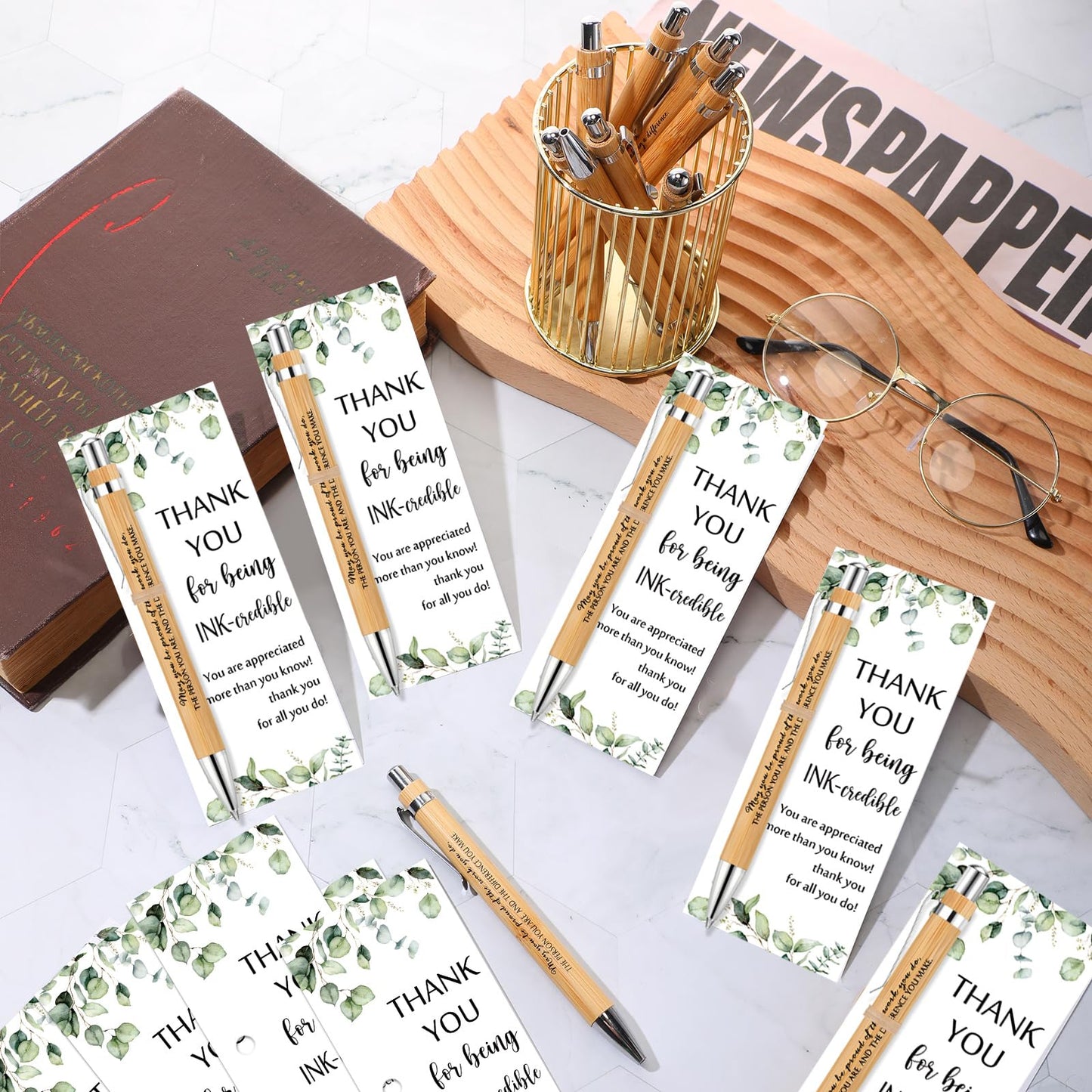 Yeaqee 36 Sets 36 Sets Bamboo Pens with Thank You Card, May You