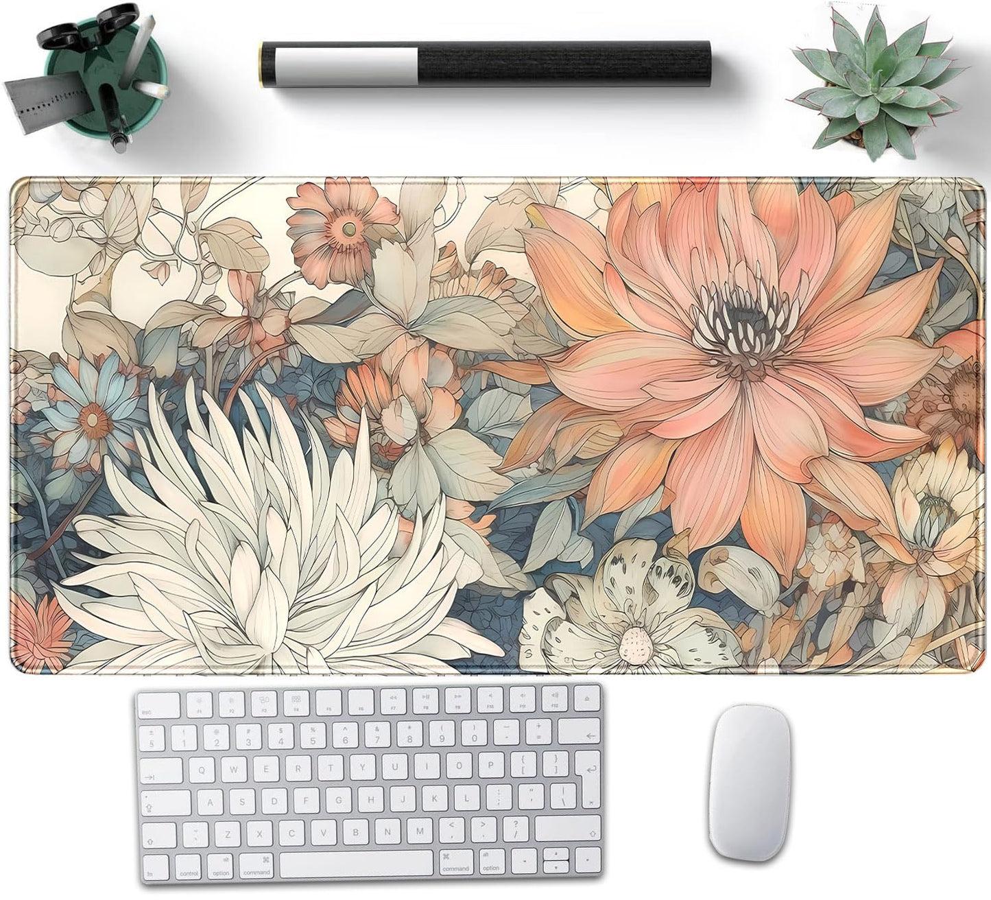 Nasdalgias Japanese Floral Desk Mat Boho Aesthetic Flower Desk Matt for Desktop Large XXL Gaming