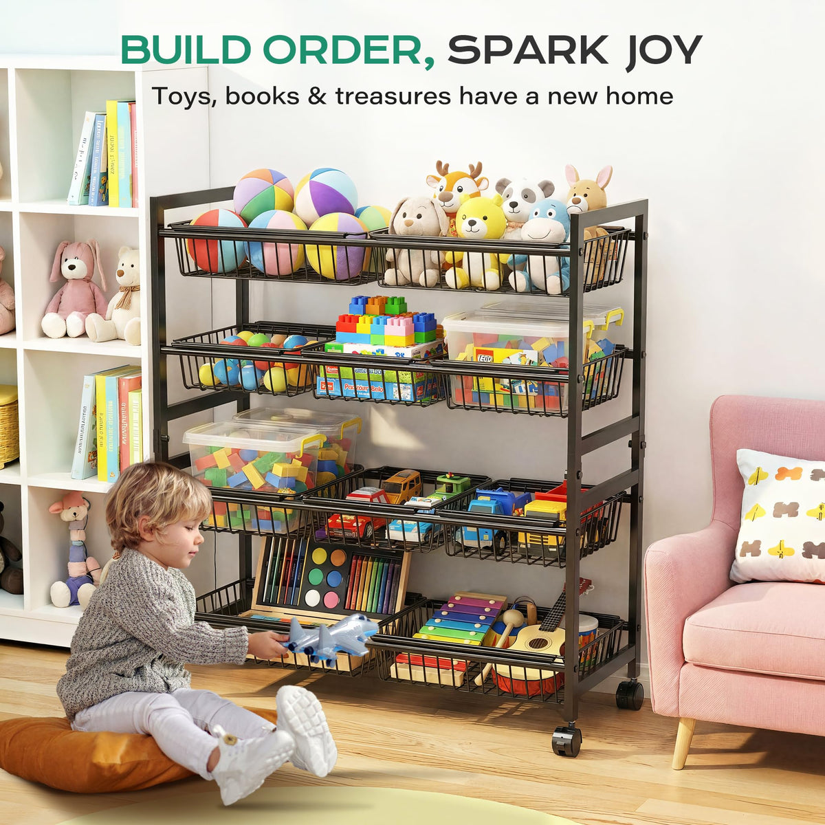 Cinati 4-Tier Snack Cart with Wheels, 29''W Toy Storage Organizer, Rolling Pantry Storage Cart with