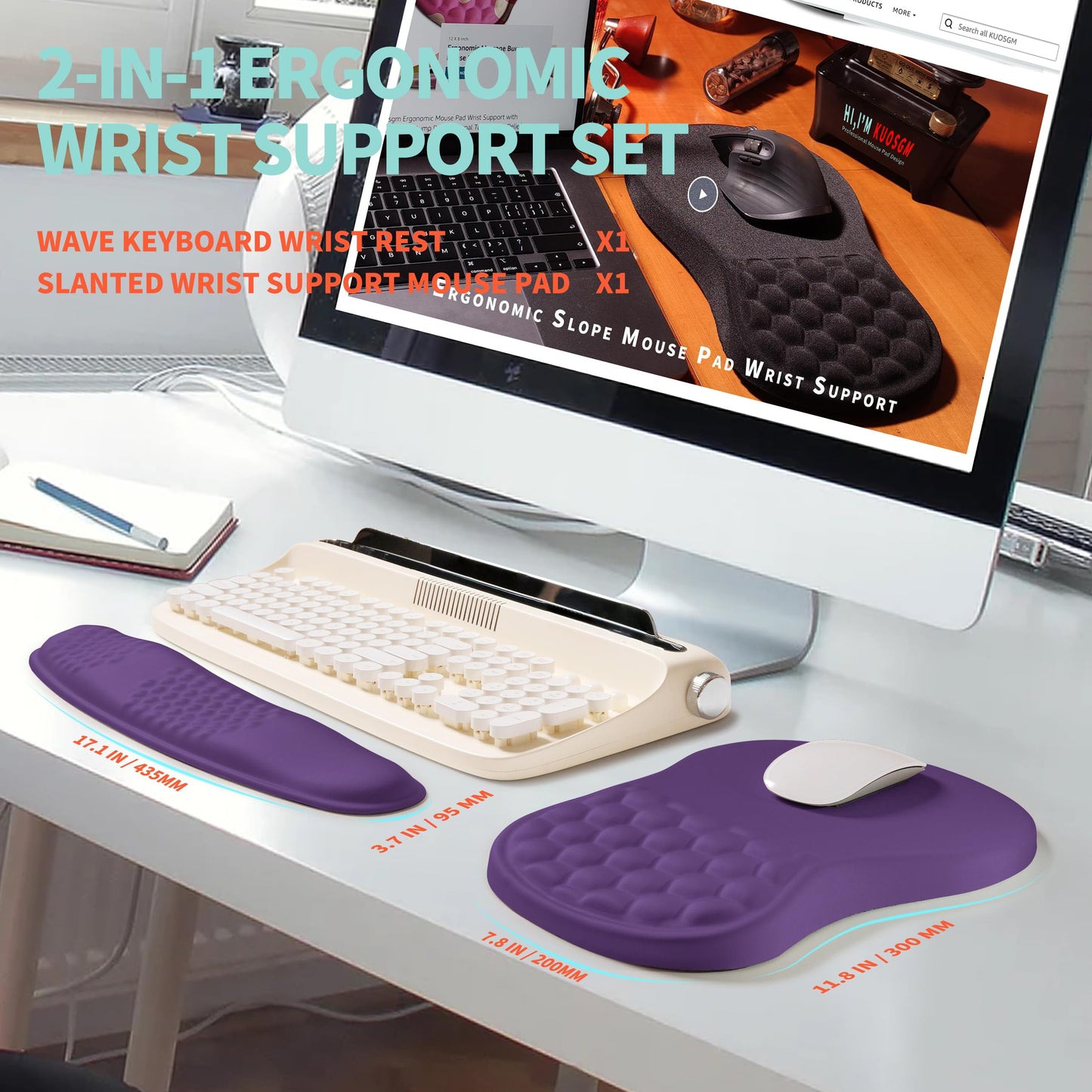 KUOSGM 2-in-1 Ergonomic Set, Wave Rise Keyboard Wrist Rest and Massage Bulge Slope Mouse Pad Wrist