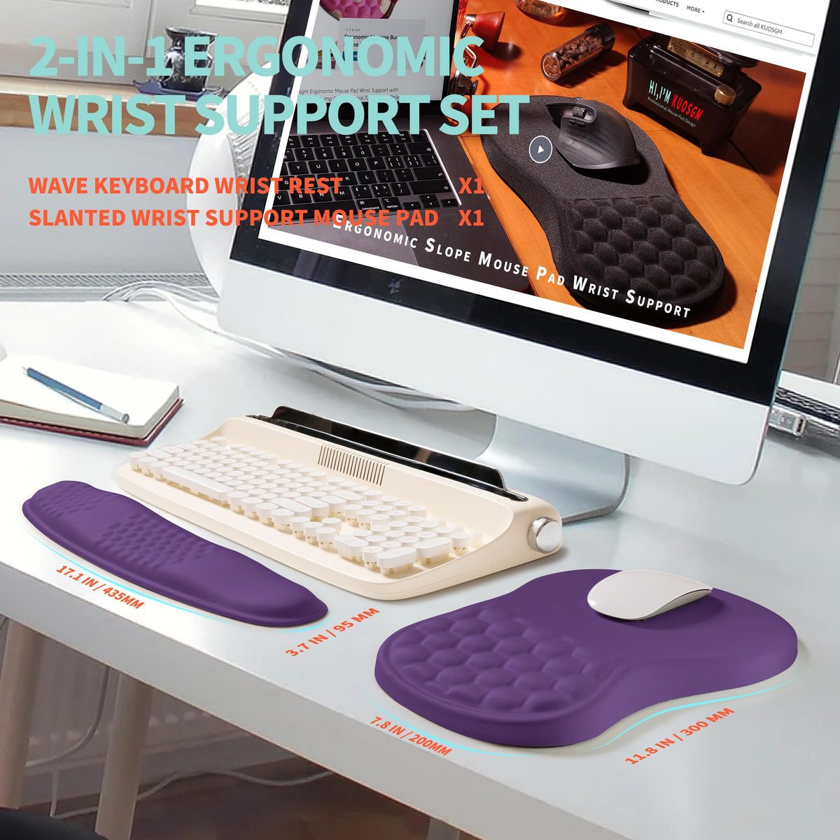 KUOSGM 2-in-1 Ergonomic Set, Wave Rise Keyboard Wrist Rest and Massage Bulge Slope Mouse Pad Wrist