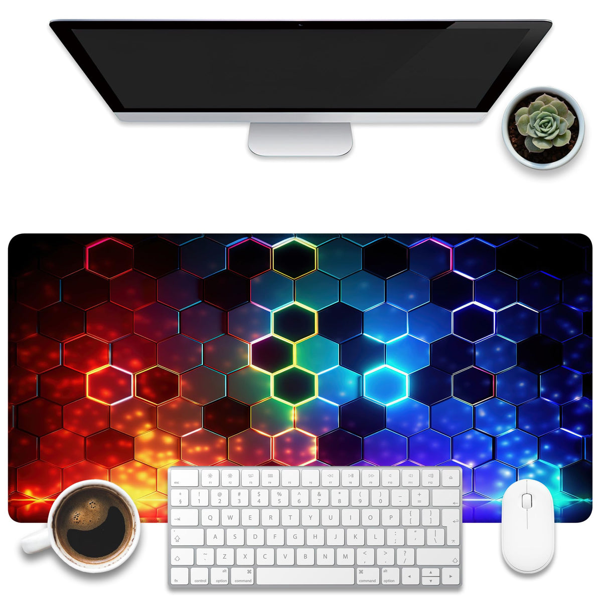 KOAIWPAE Desk Mat, Colorful Honeycomb Technology Desk Pad,Hexagonal Honeycomb Large Gaming Mouse