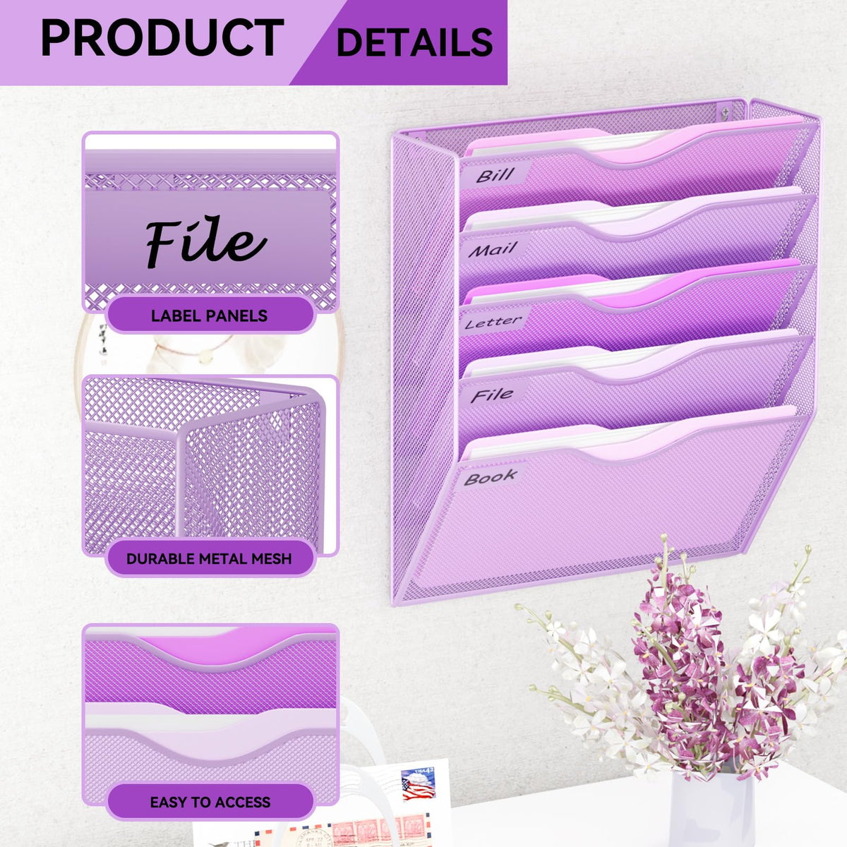 GDINDINFAN 5 Pockets Hanging Wall File Organizer Mail Holder, Wall Mounted Paper Document Folder