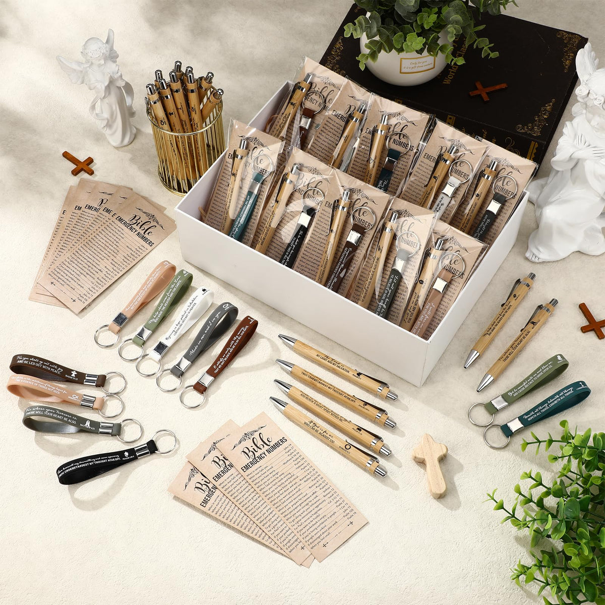 Feifeiya 25 Sets Christian Bulk Pens Bamboo Bible Verse Keychain Bookmark