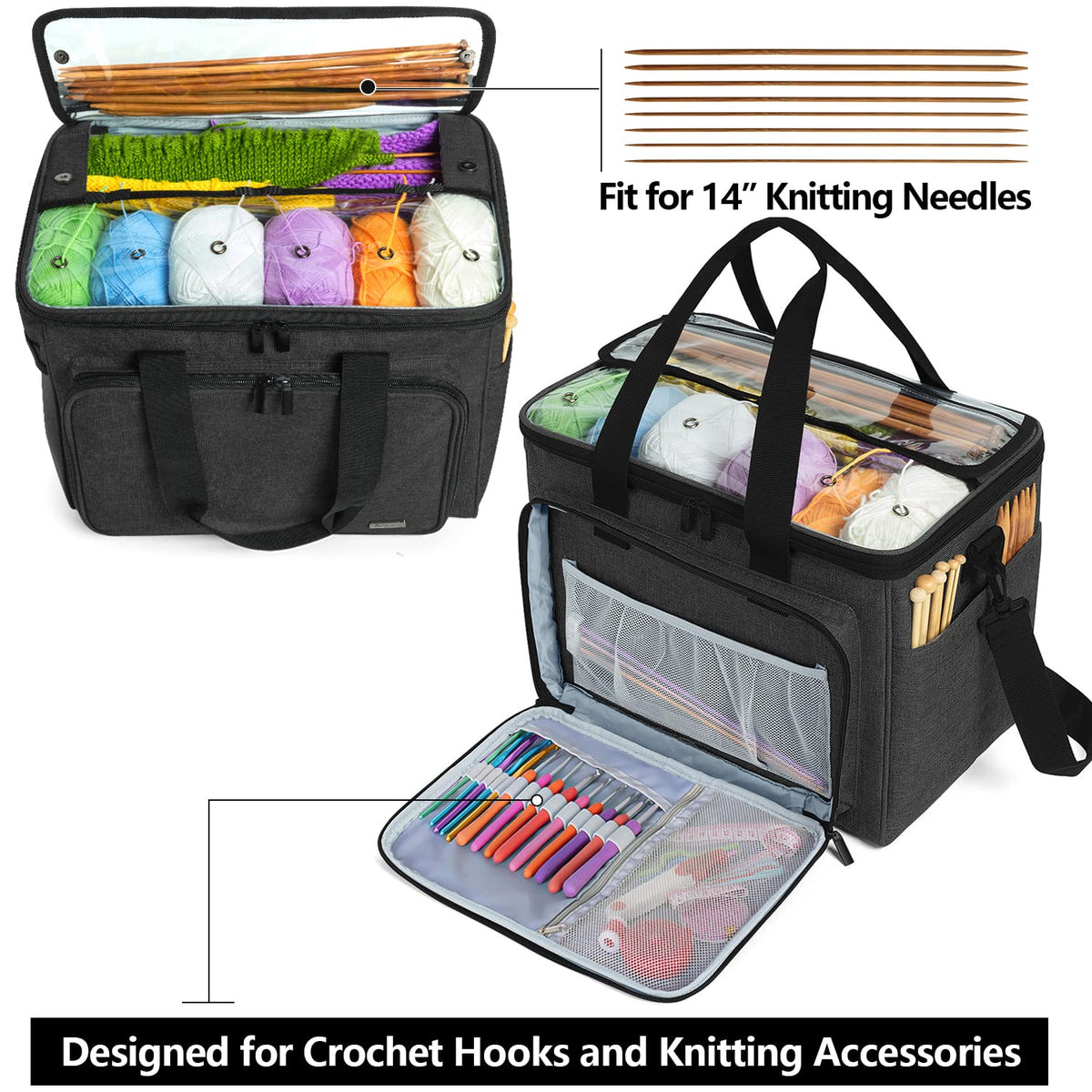 Teamoy Knitting Bag, Yarn Storage Organizer Crochet Bag Tote, Black