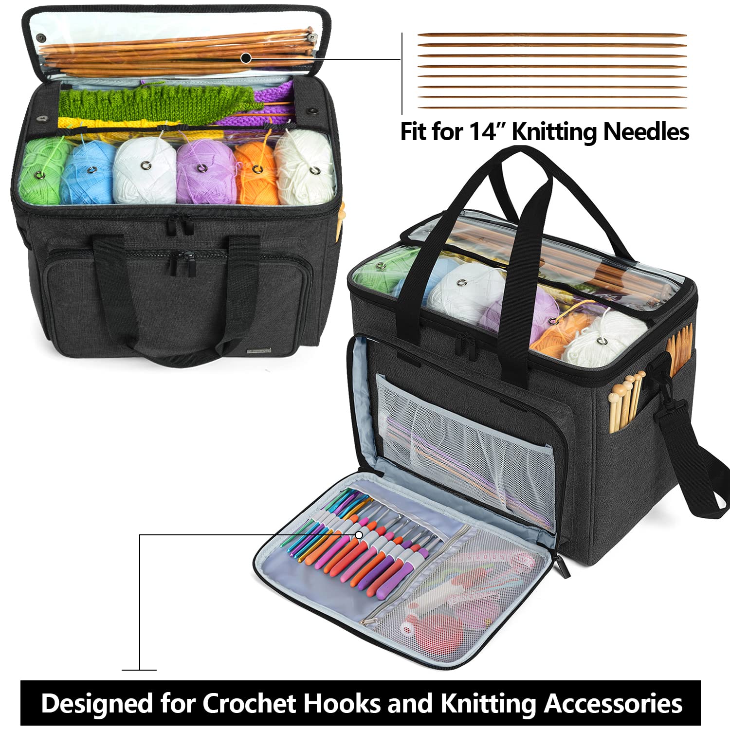 Teamoy Knitting Bag, Yarn Storage Organizer Crochet Bag Tote, Black