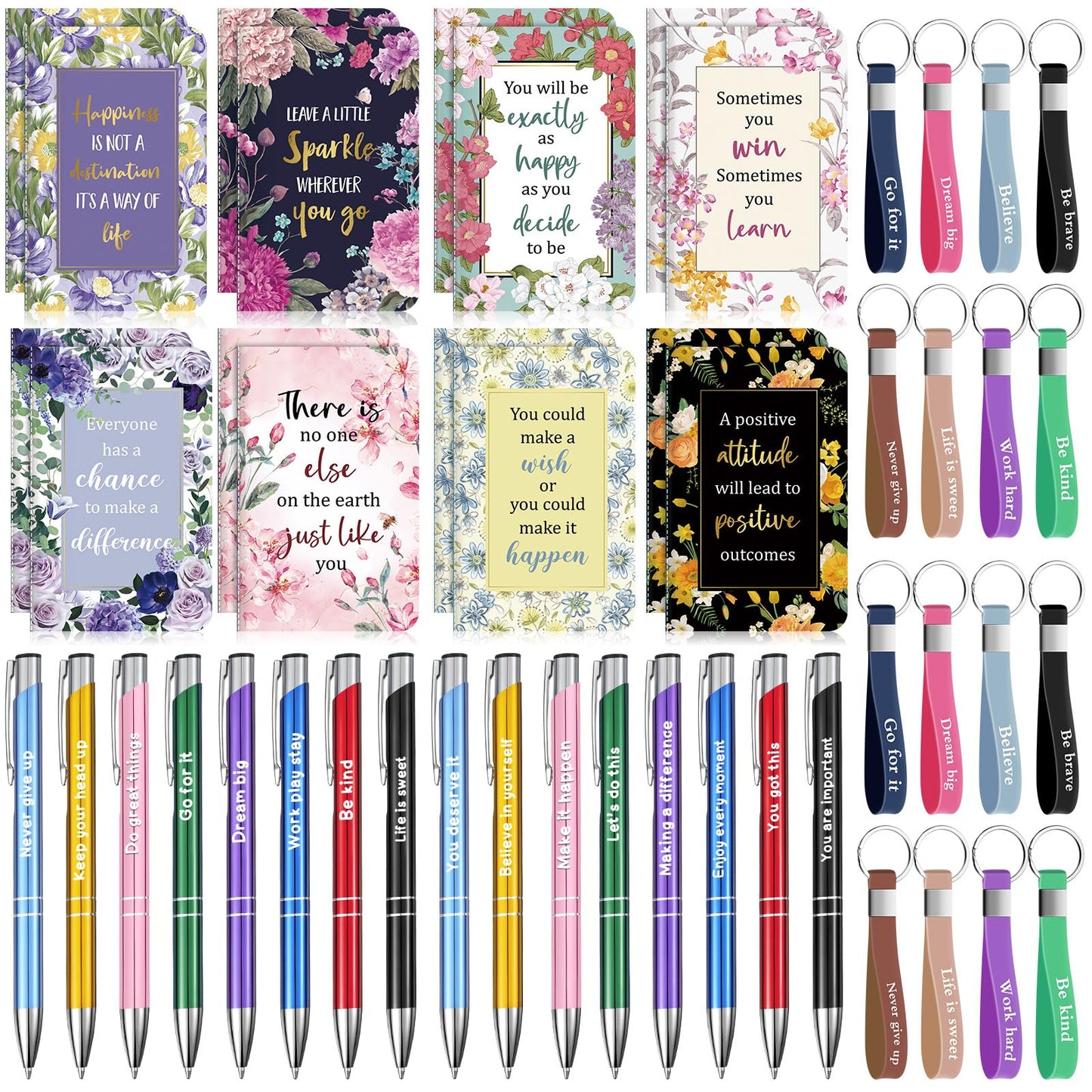 PerKoop 48 Pcs Inspirational Gifts Bulk Motivational Notepads Ballpoint Pens Keychains Set Floral