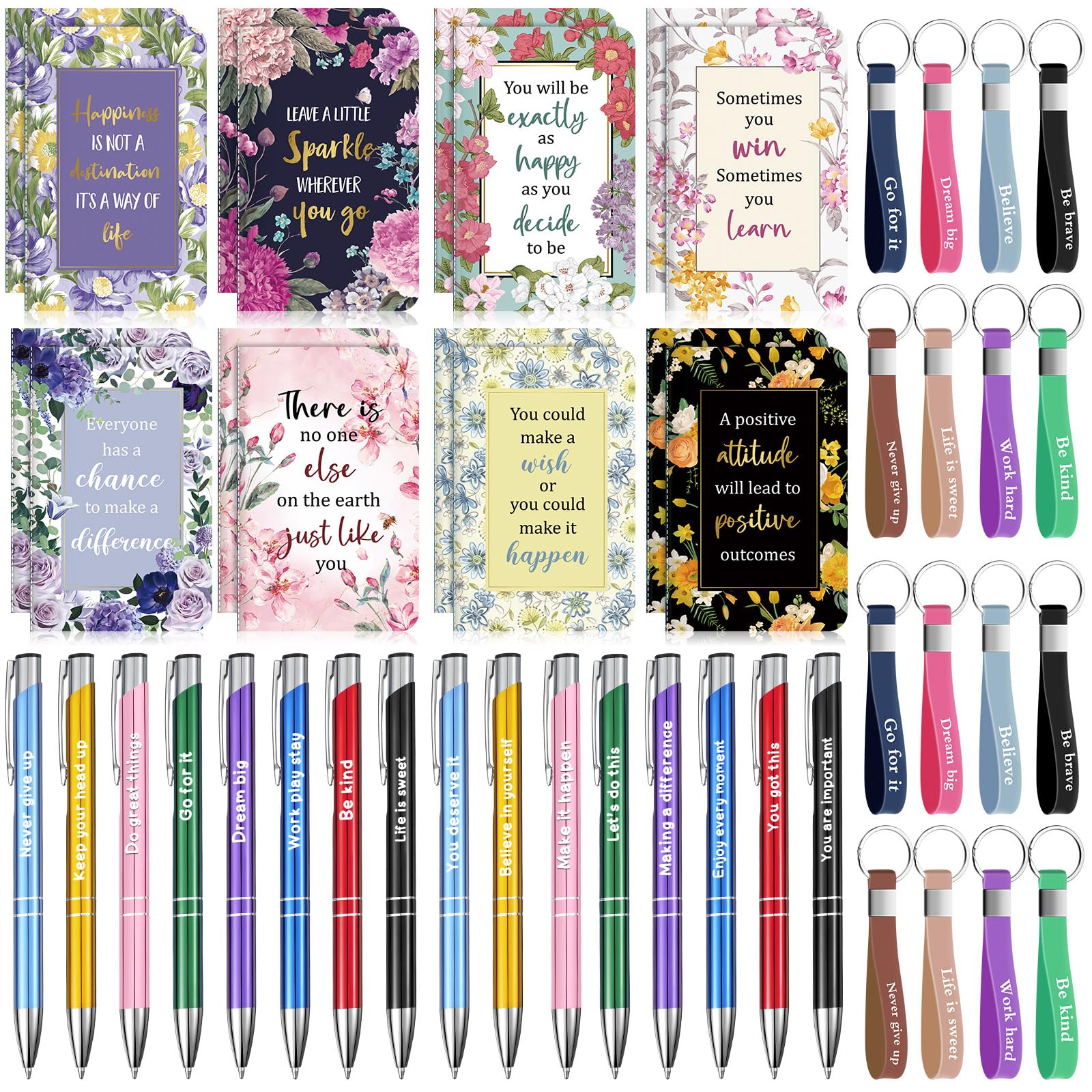 PerKoop 48 Pcs Inspirational Gifts Bulk Motivational Notepads Ballpoint Pens Keychains Set Floral