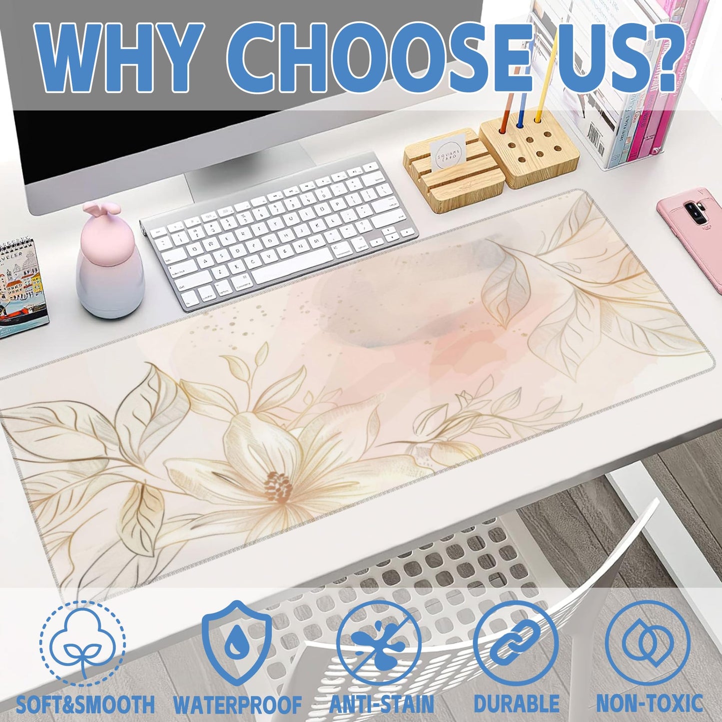 Desk Mat,Minimalist Flowers and Leaves Large Gaming Mouse Pad for Desk XL,Golden Line Floral Desk