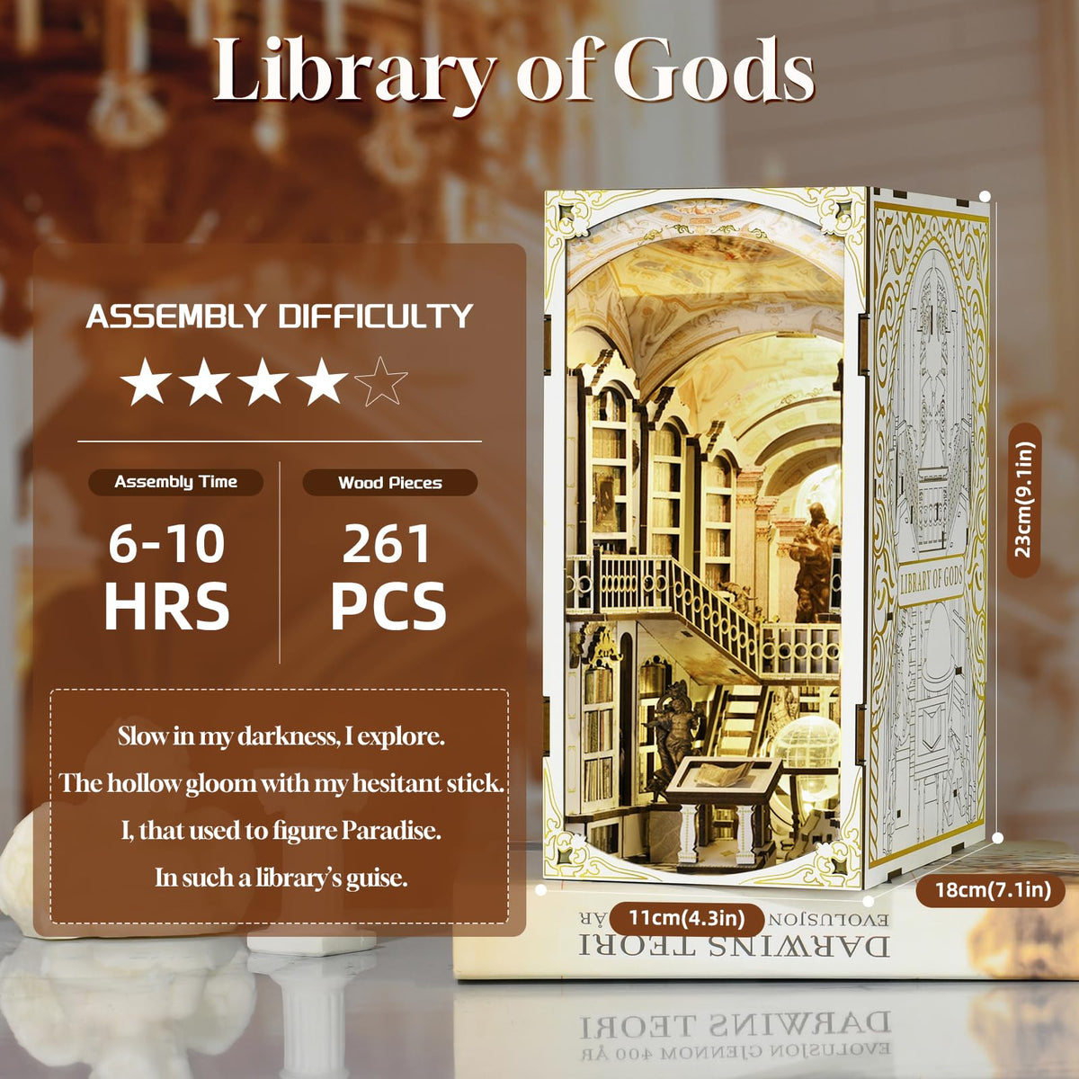 MiniCity Library of Gods Book Nook Kit, 3D Wooden Bookshelf Puzzle with LED