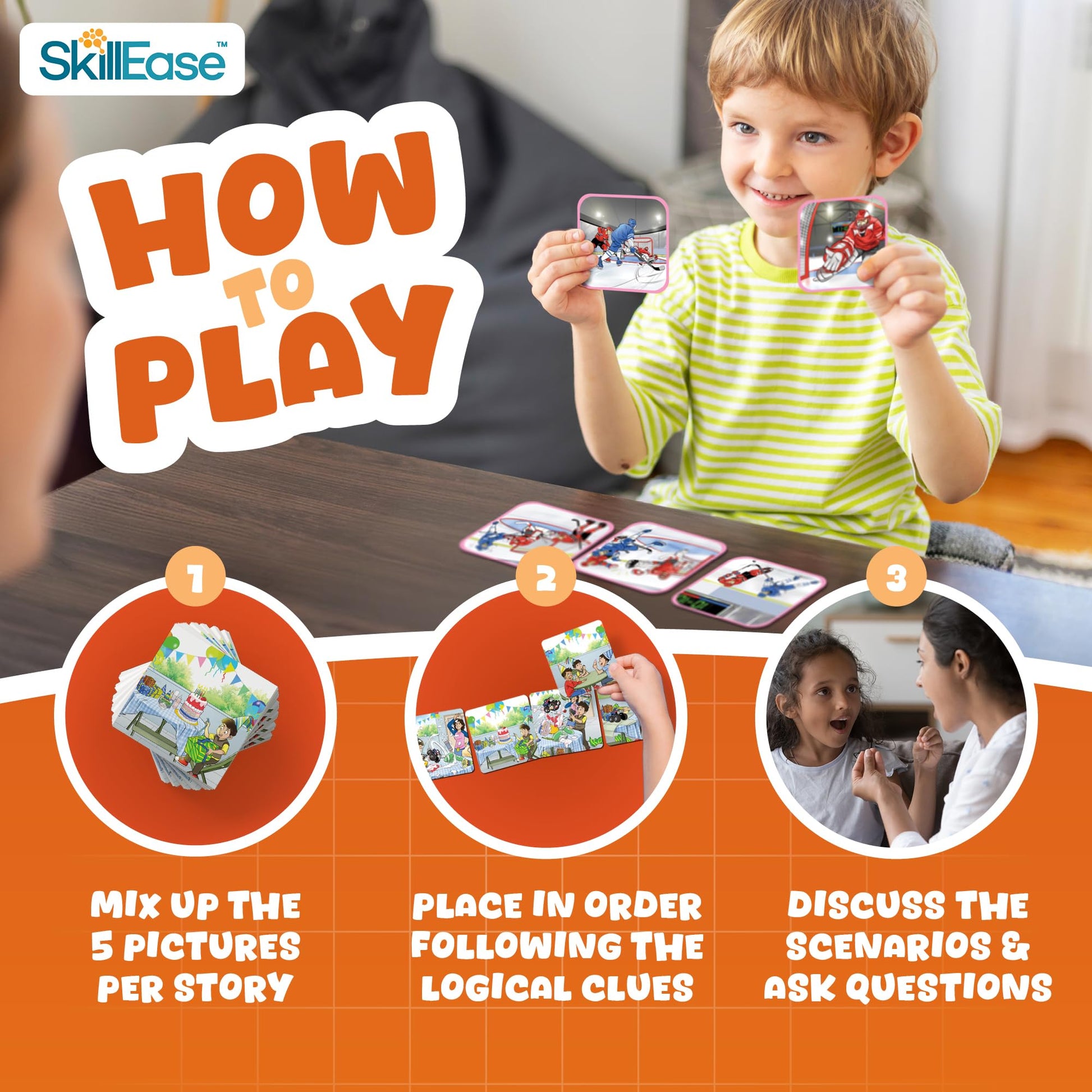 SkillEase Story Cues Skilled Sequencing Cards, Speech Therapy Materials, Social Skills Game