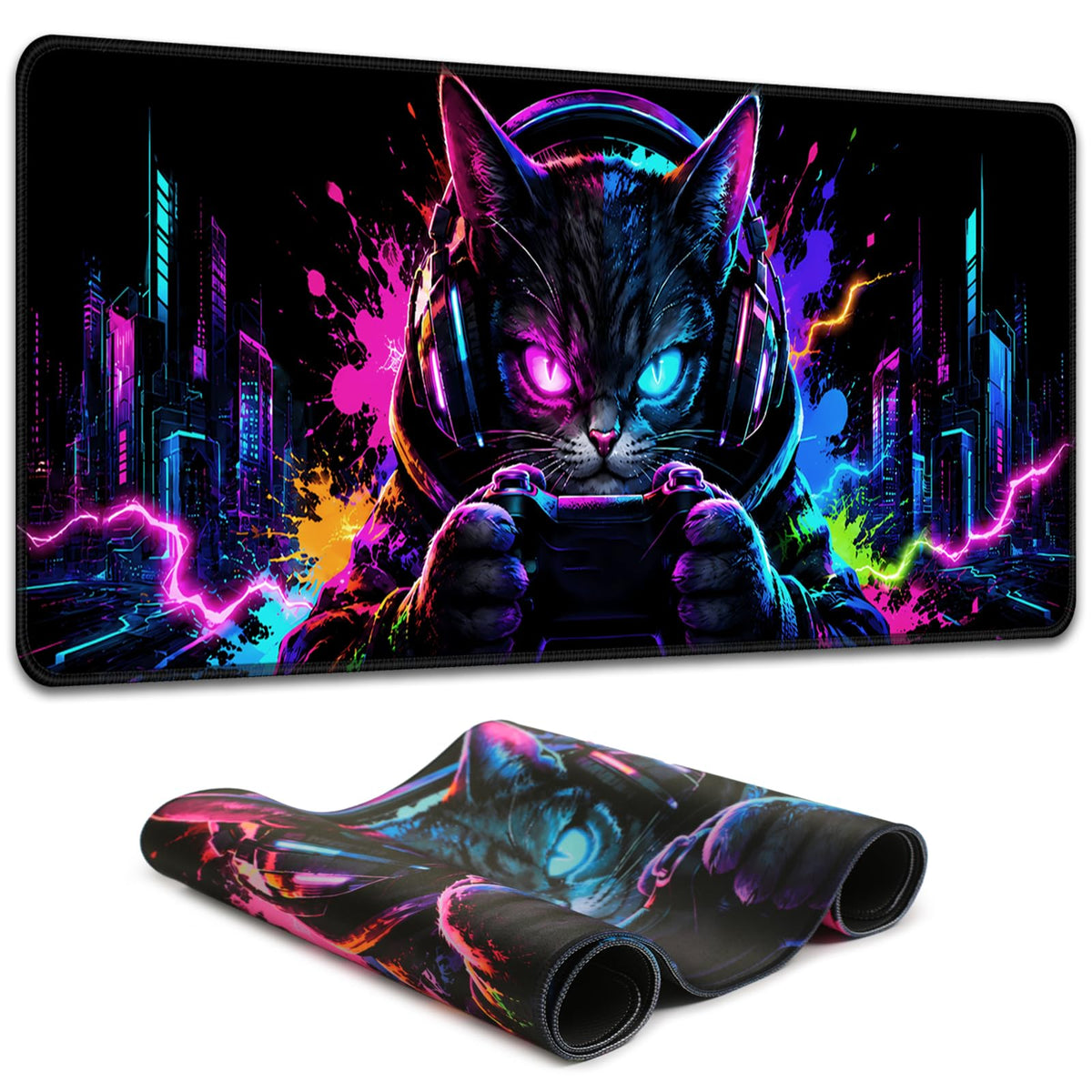 Simpkeely Blacklight Cat Large Gaming Mouse Pad for Desk, Keyboard Mat
