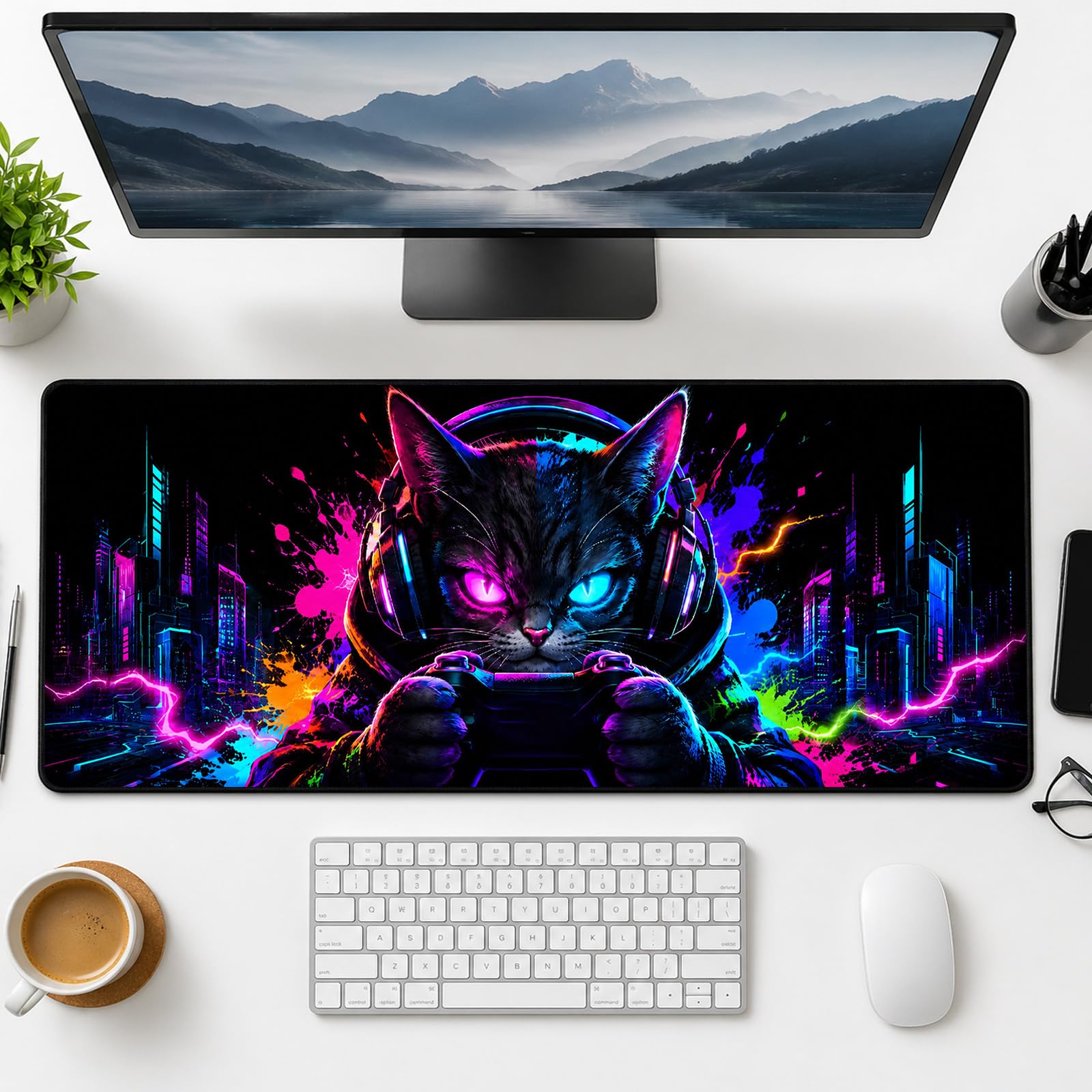 Simpkeely Blacklight Cat Large Gaming Mouse Pad for Desk, Keyboard Mat