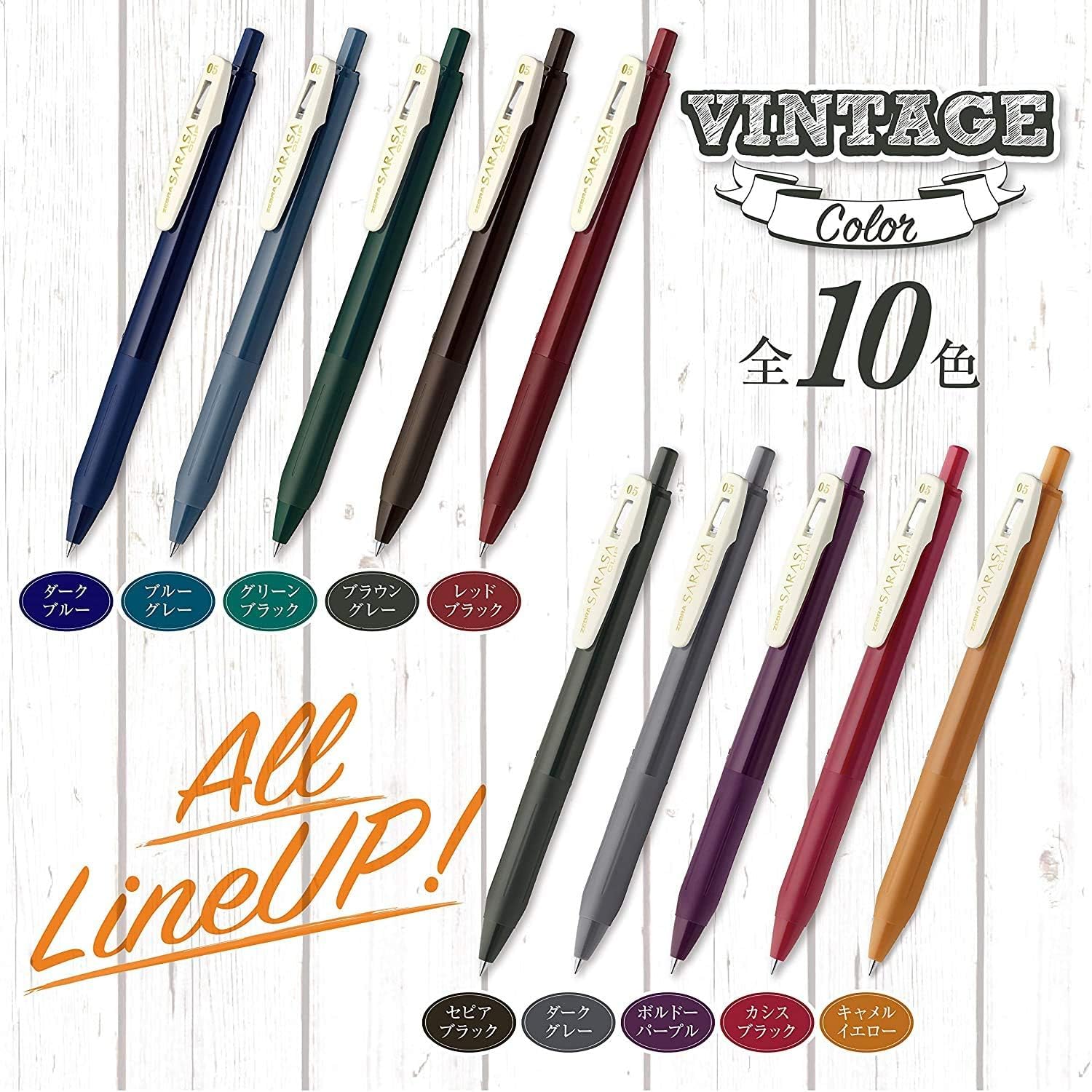 Zebra JJ15-10C-VI-VI2-AZ Gel Ballpoint Pen, Sarasa Clip, 0.5, Vintage, 10 Colors