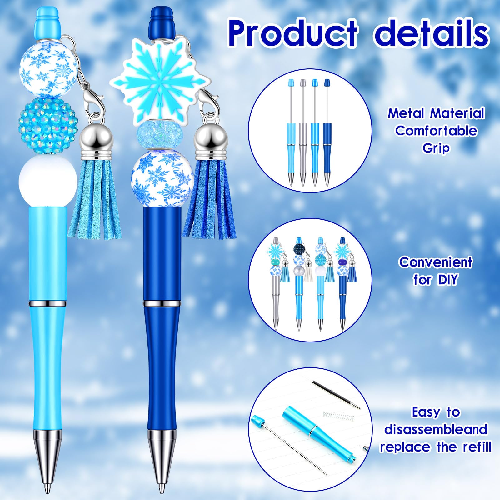 Jutom 12 Beadable Pens Kit 50 Beads 12 Tassels Snowflake Pendants