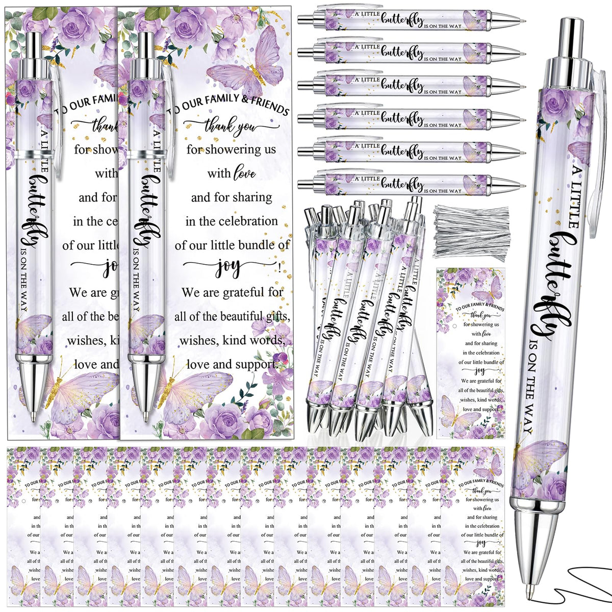 Dinifee 36 Sets Butterfly Baby Shower Favor, Purple Pen with Greeting Cards