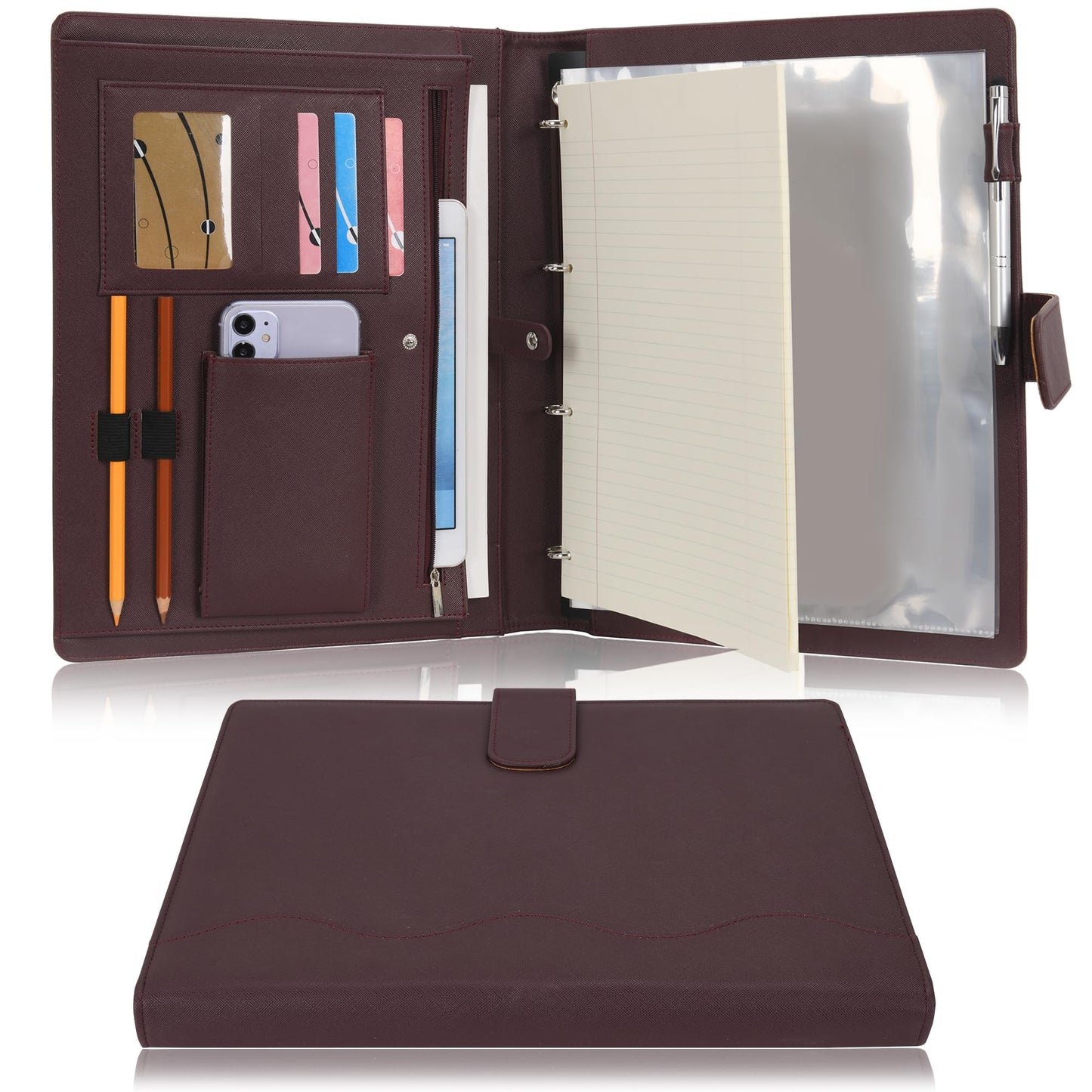 Wonderpool A4 PU Leather 3 & 4 Ring Holder Writing Portfolio Multi Document Case with Removable