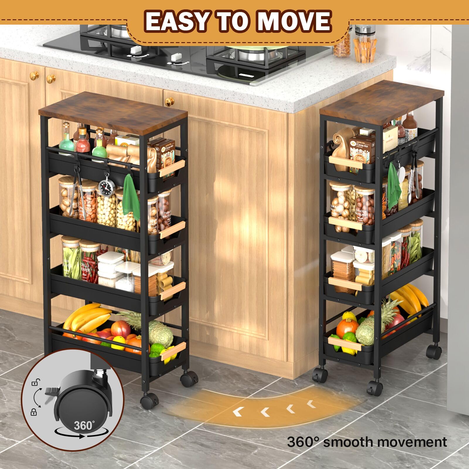 SUNALLY Slim Storage Cart with Wheels, Narrow Kitchen Rolling Cart, Black