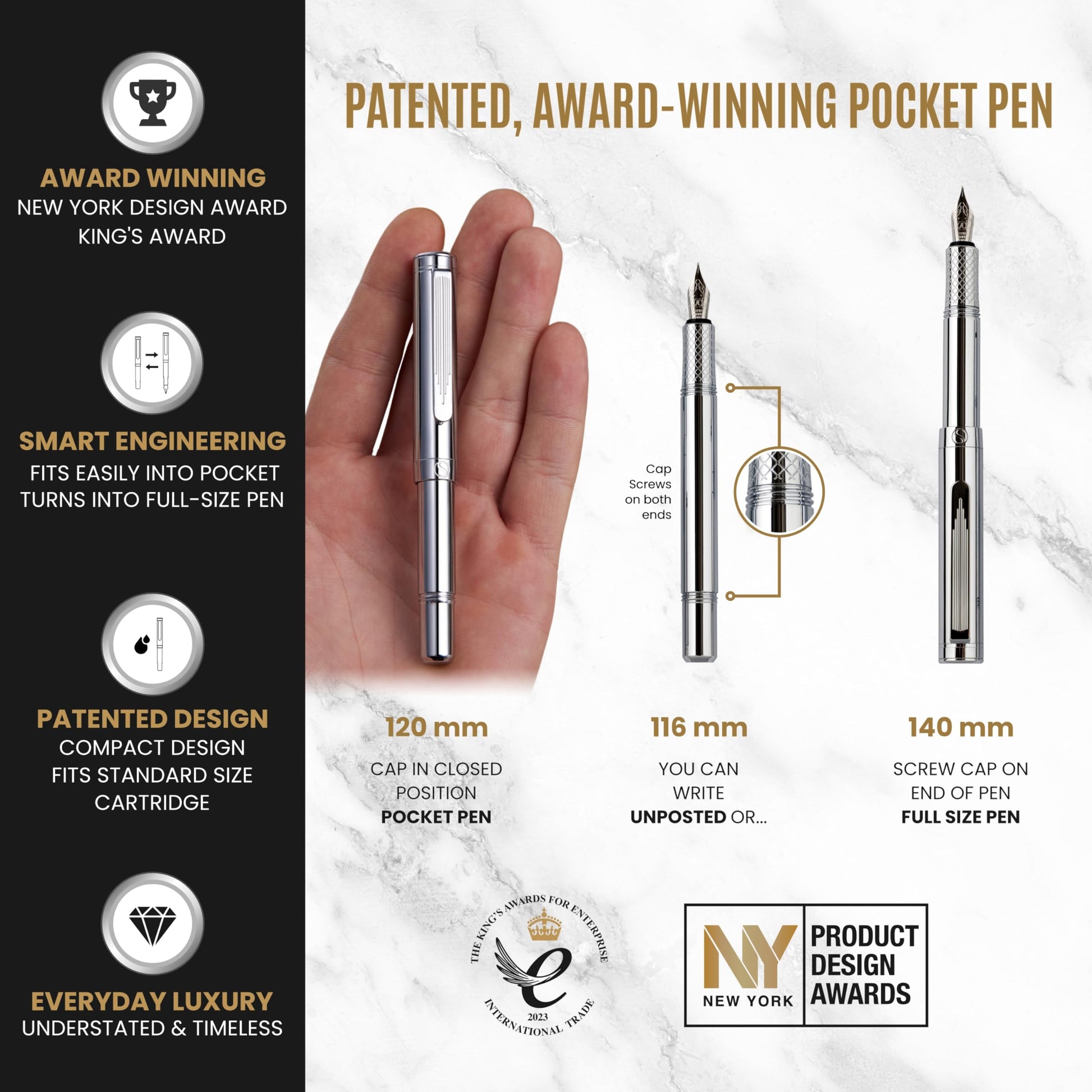 Scriveiner Silver Chrome Fountain Pen (Medium), Award Winning Luxury Pen, Heavy Pocket Pen, Chrome