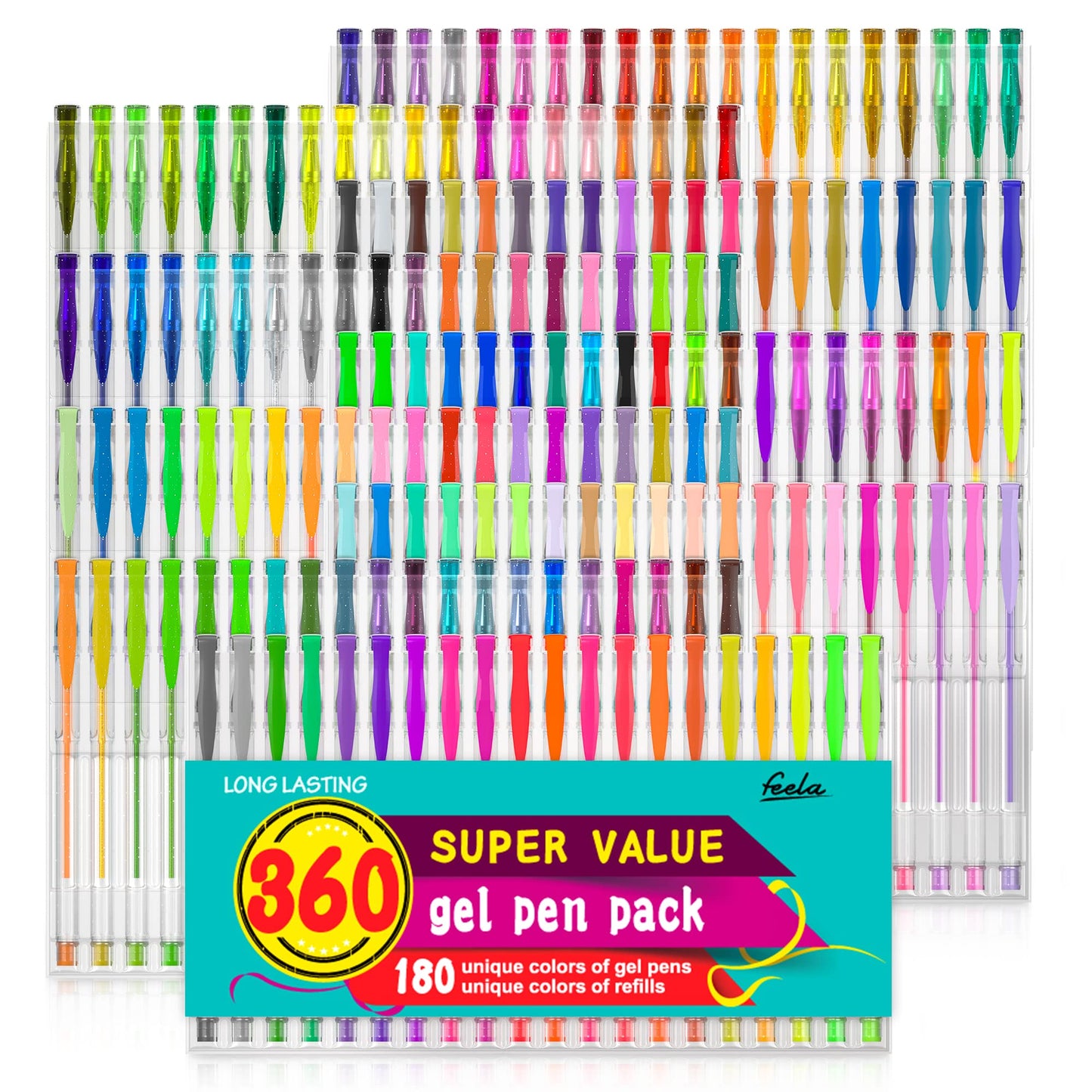 feela 360 Colors Gel Pens Set 180 Unique Gel Pen Plus 180 Refills for Adult Coloring Books Drawing