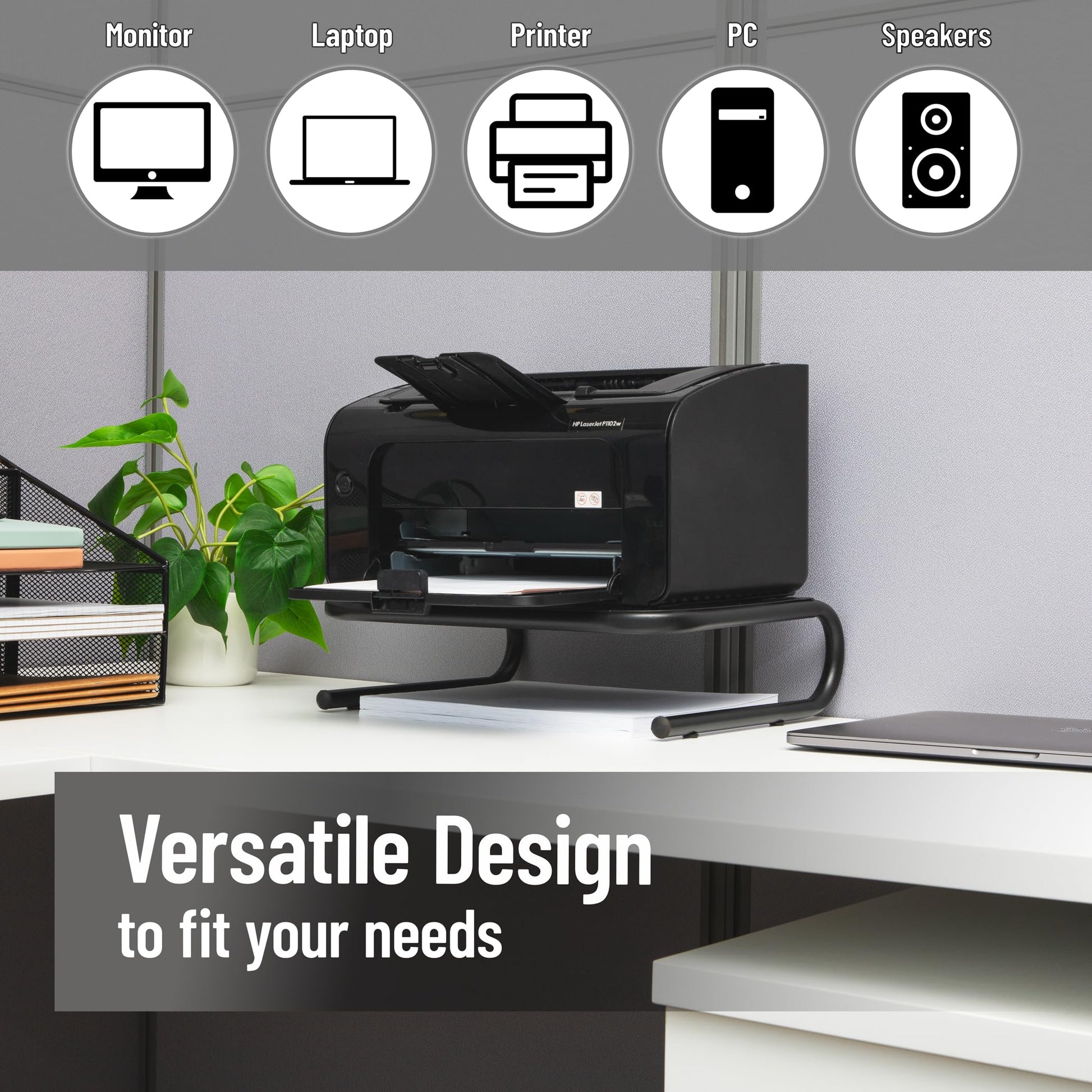 Mind Reader Monitor Stand, Ventilated Laptop Riser, Desktop Organizer, Office, Metal, Black