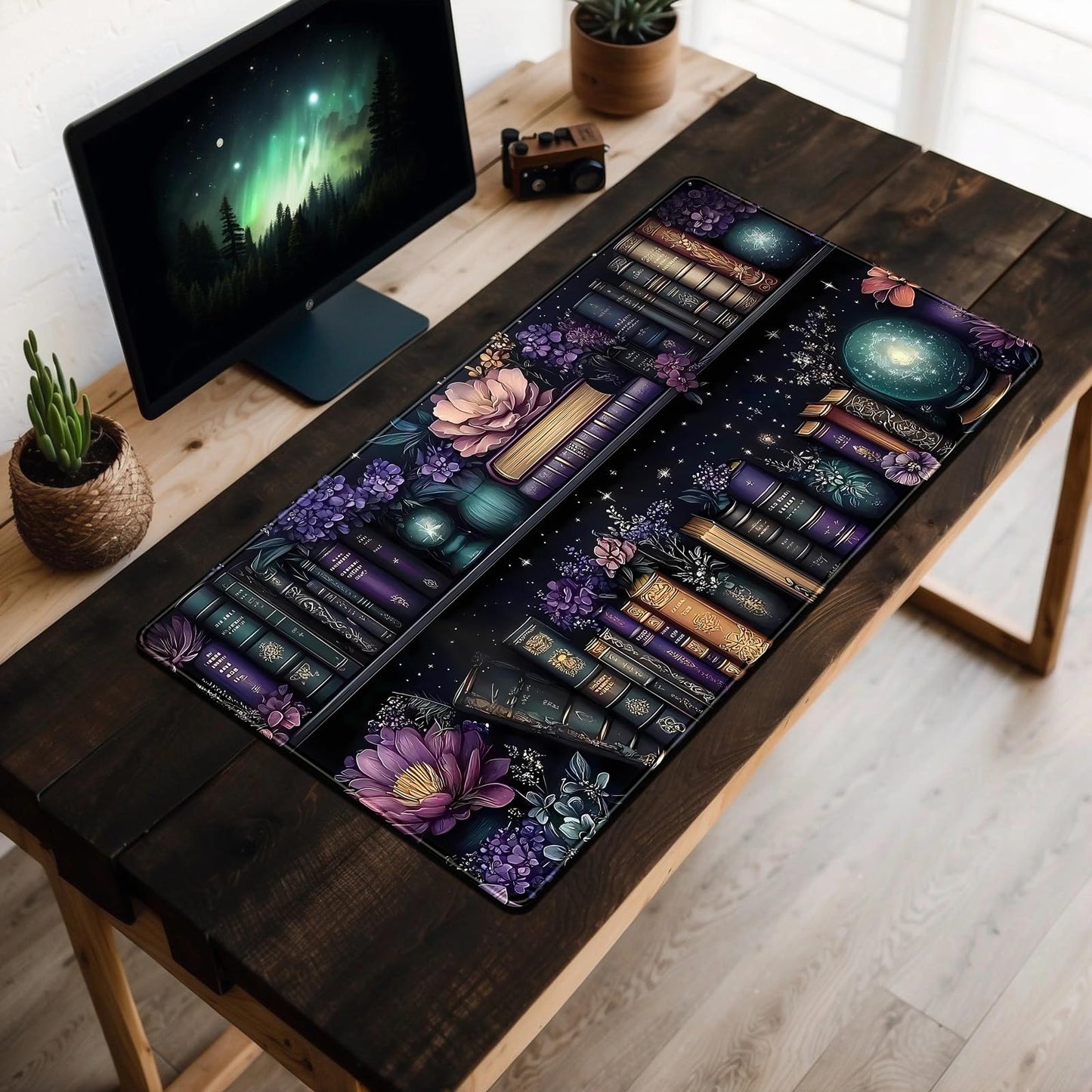 Purple Flowers Bookshelf Desk Mat Bookish Desk Pad Celestial Floral Books Large Mouse Pad XXL