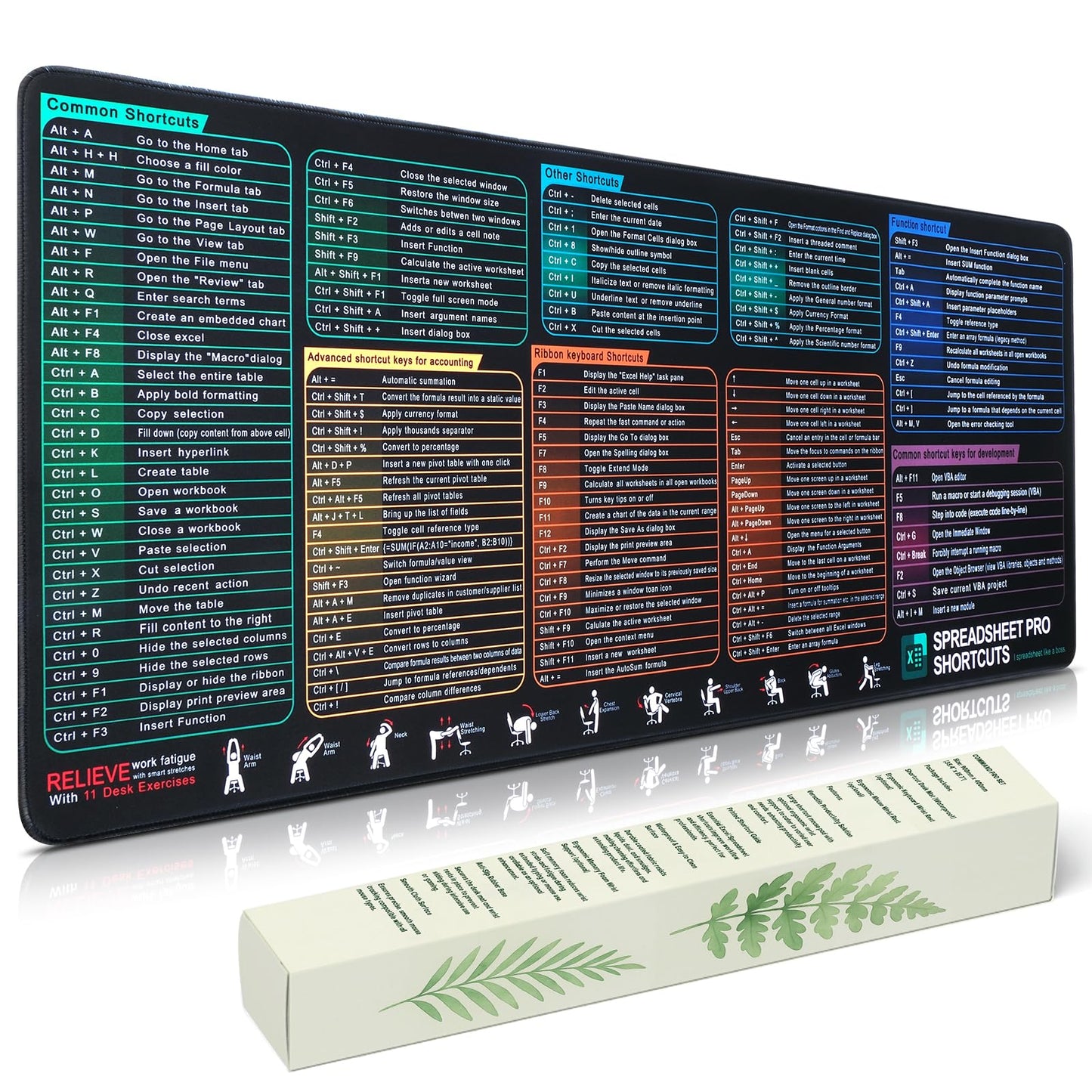 Excel Cheat Sheet Desk Pad, Large Mouse Pad with Shortcuts & Formulas for Windows PC, Non-Slip