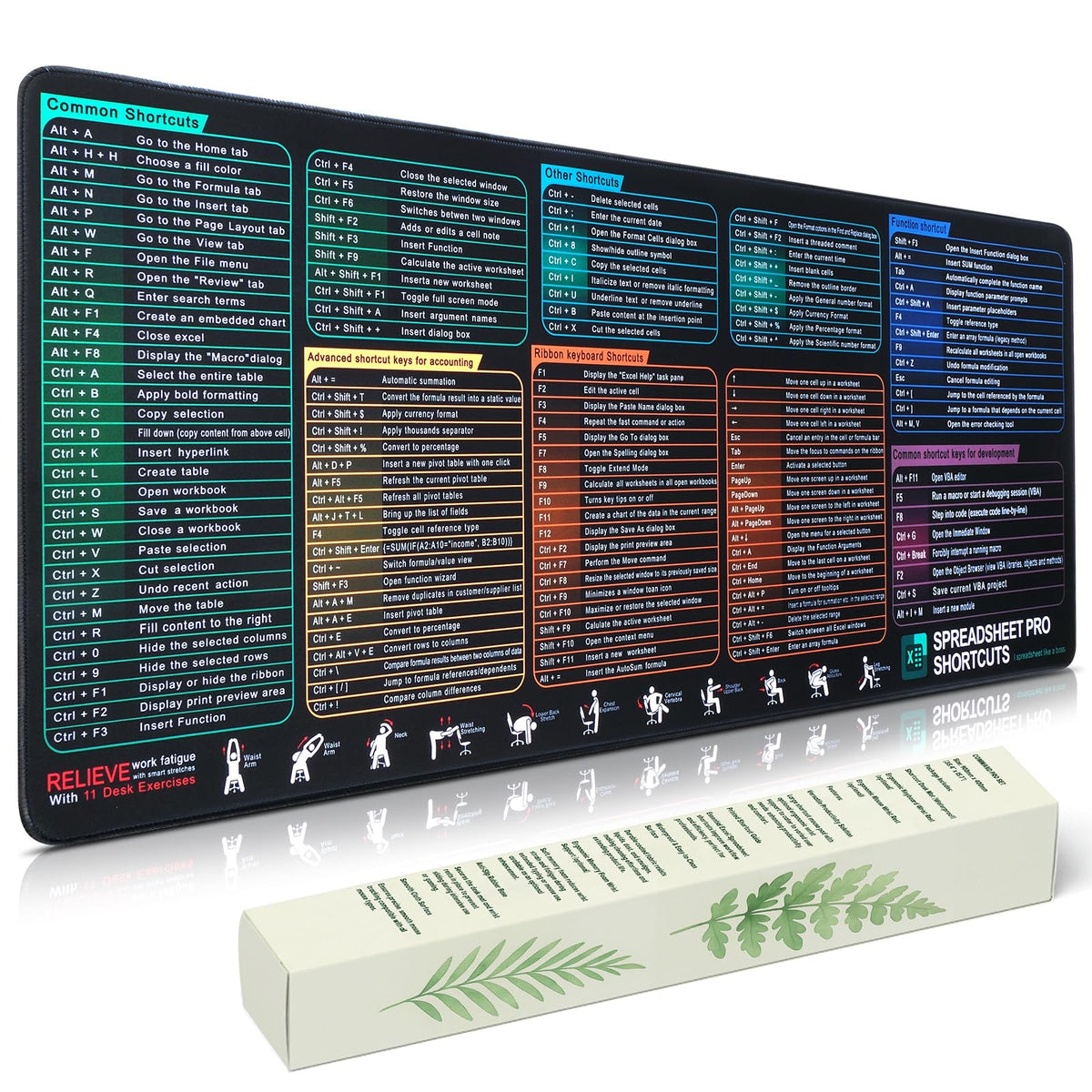 Excel Cheat Sheet Desk Pad, Large Mouse Pad with Shortcuts & Formulas for Windows PC, Non-Slip