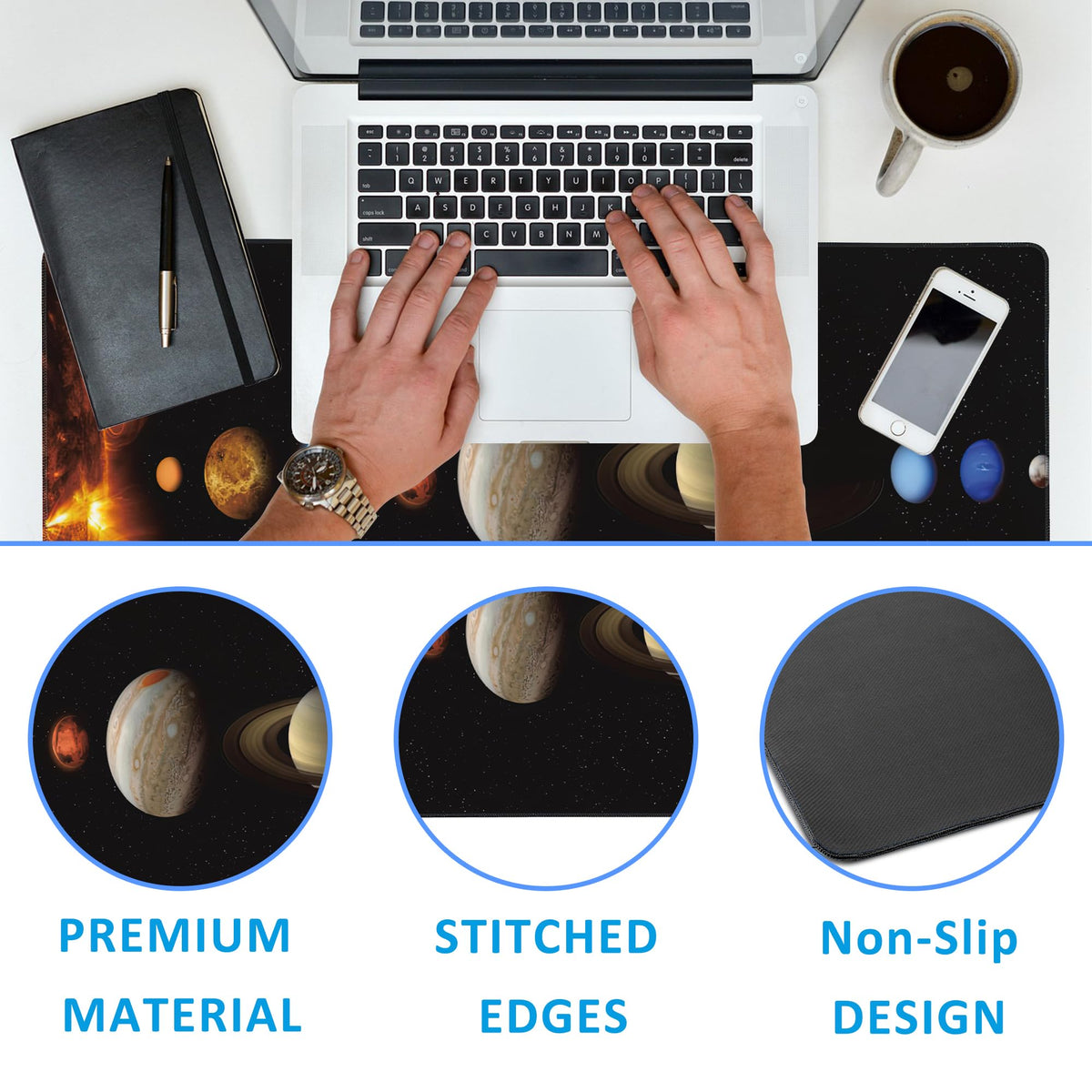 EOBKLAX Mouse Pad,Solar System Planet Desk Mat for Desktop,Desk Pad with Non-Slip Base and Stitched