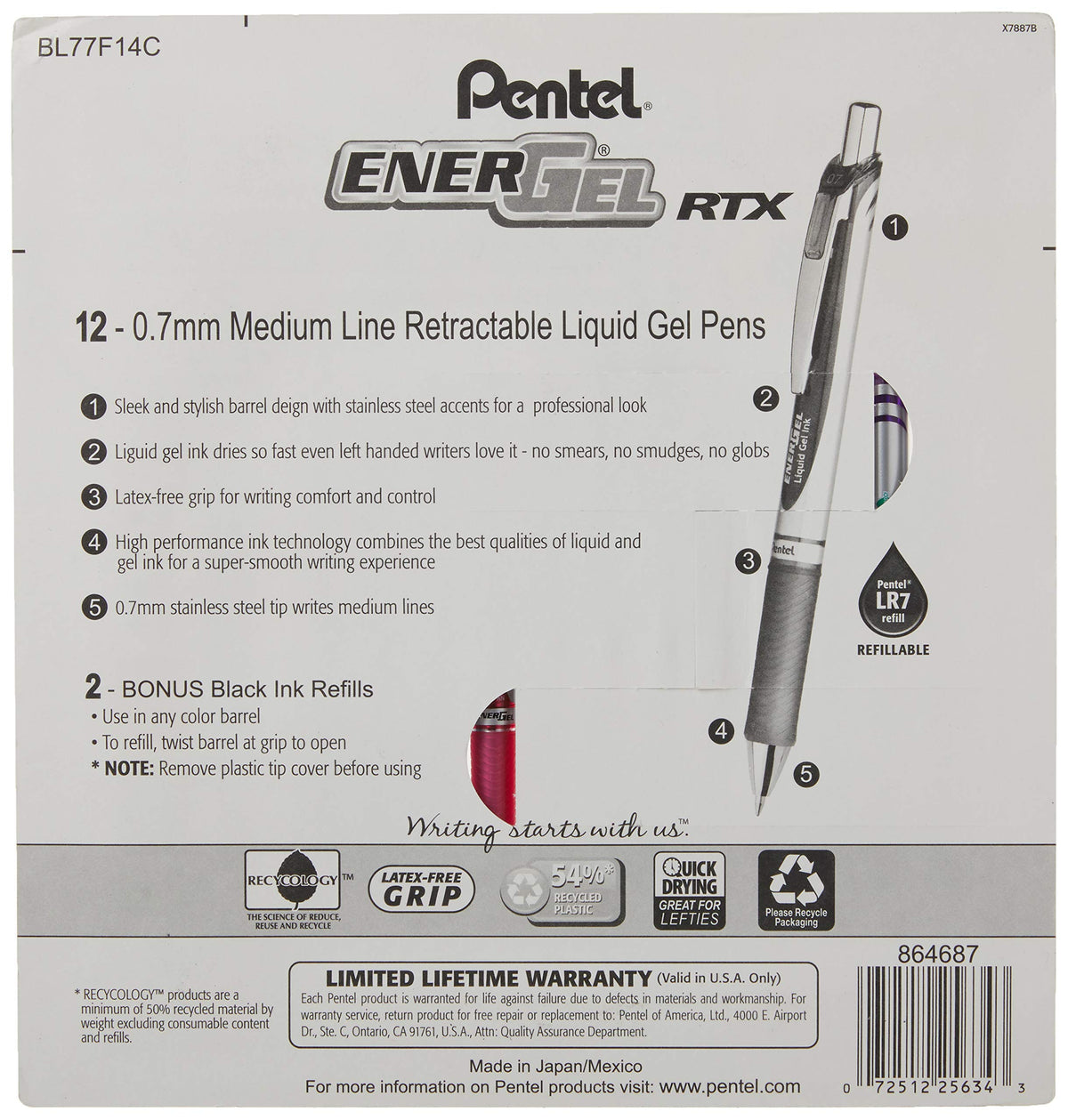 Pentel EnerGel RTX Retractable Metal Tip Pen, 0.7mm, 12 Assorted Colors with 2 Refills (BL77F14C)