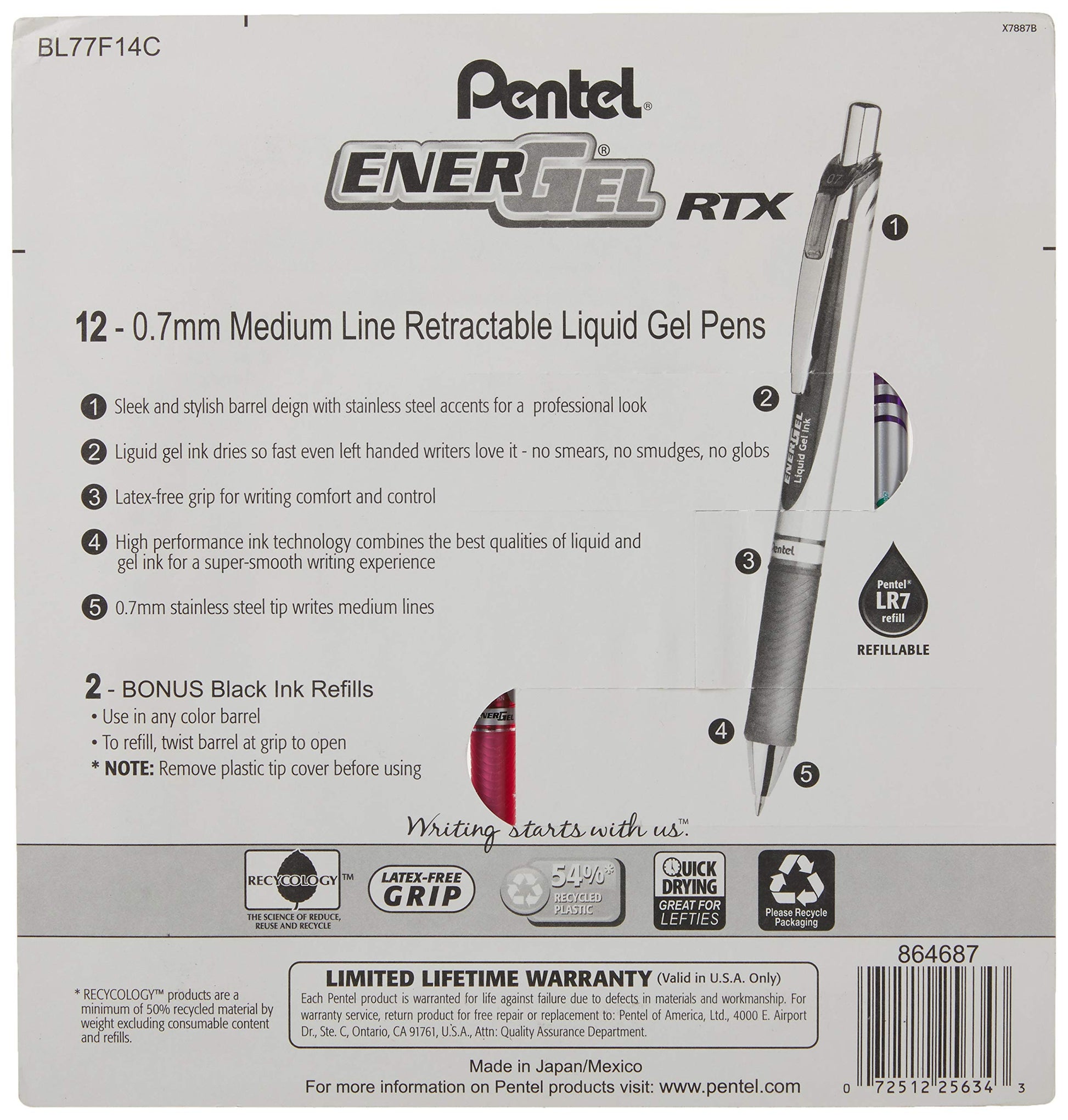 Pentel EnerGel RTX Retractable Metal Tip Pen, 0.7mm, 12 Assorted Colors with 2 Refills (BL77F14C)