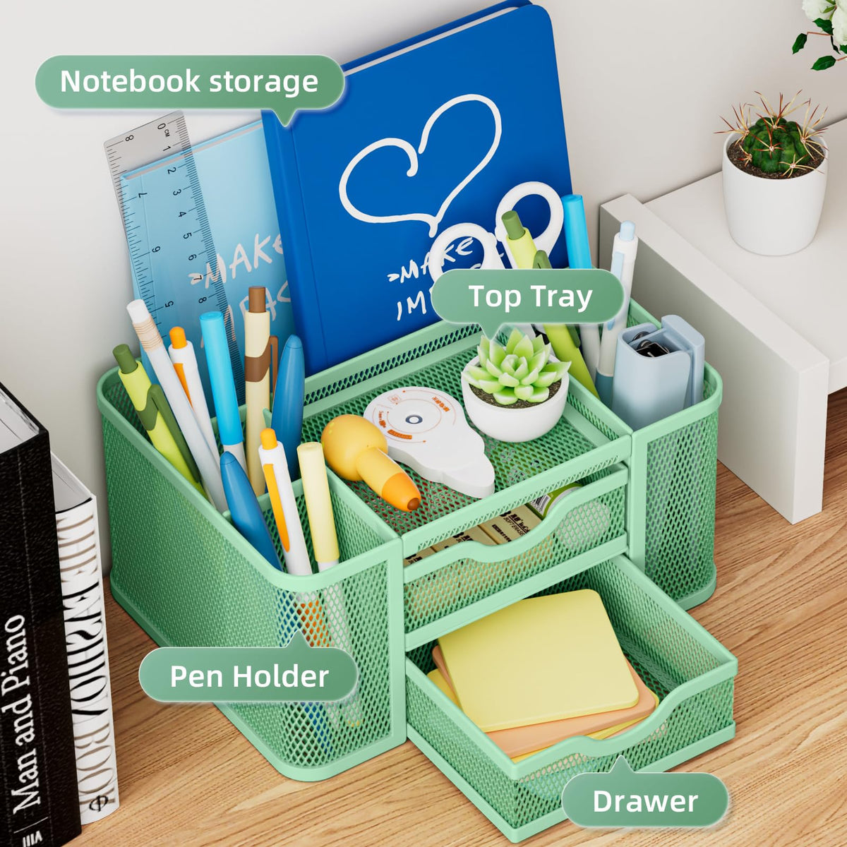 Marbrasse Mesh Desk Organizer, Pen Organizer with 2 Drawer, Multi-Functional Pencil Holder, Desk