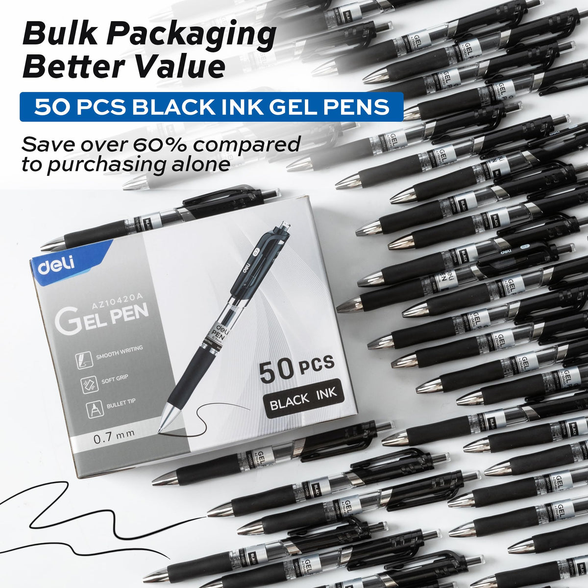 deli Gel Pens, 50 Pcs Retractable Pens Black Ink, Medium Point Pen 0.7mm
