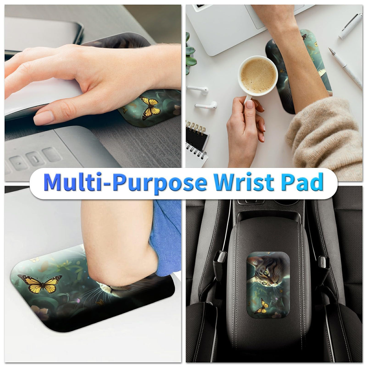 BPQOJB Laptop Mouse Pad 27.5 x 11.8 inch & Small Wrist Rests with Coasters and Cute Cat & Butterfly