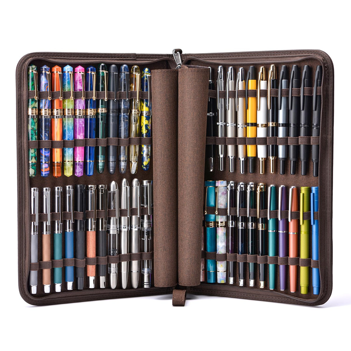 Lanxivi 48 Fountain Pen Case Coffee Organizer Bag, Waterproof Canvas Pen Display Holder with YKK