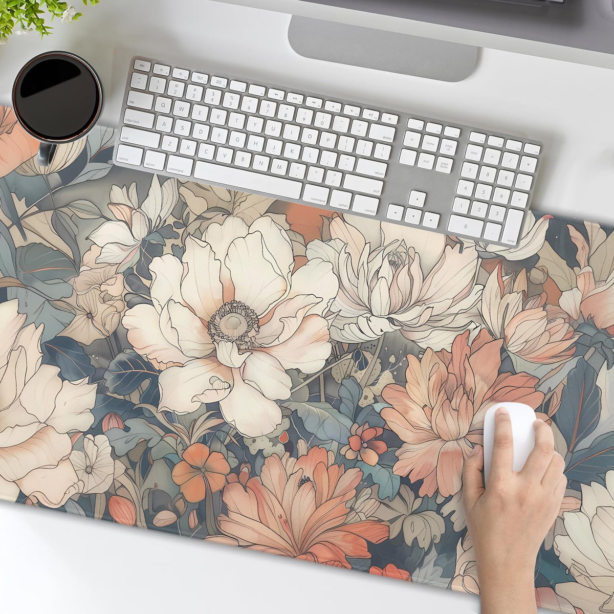 Japanese Floral Mouse Pad XXL 35.4 X 15.7 Inch Minimalist Aesthetic Art White Coral Pink Flower