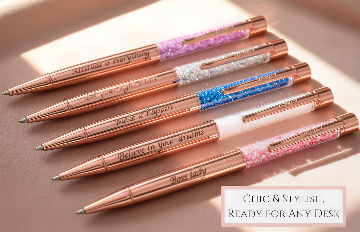 Veway Luxury Pens for Women, 5 Glitter Rose Gold Writing Pens, Black Ink