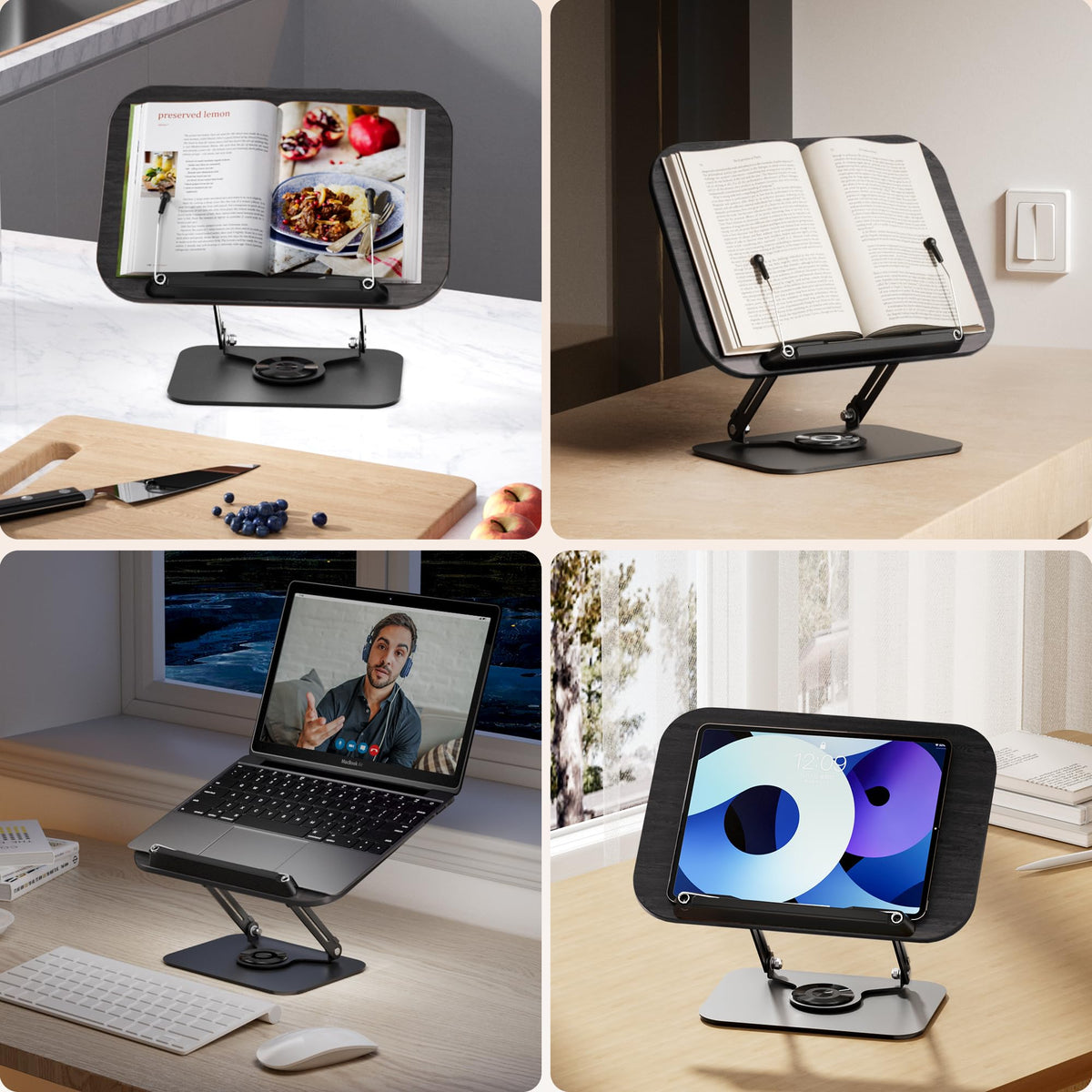 SupeDesk Book Stand for Reading, Adjustable Book Holder with 360° Rotating Bases, Multifunctional