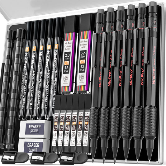 Nicpro 6 PCS Metal Mechanical Pencil Set, Art Drawing Pencil 0.5-2.0MM