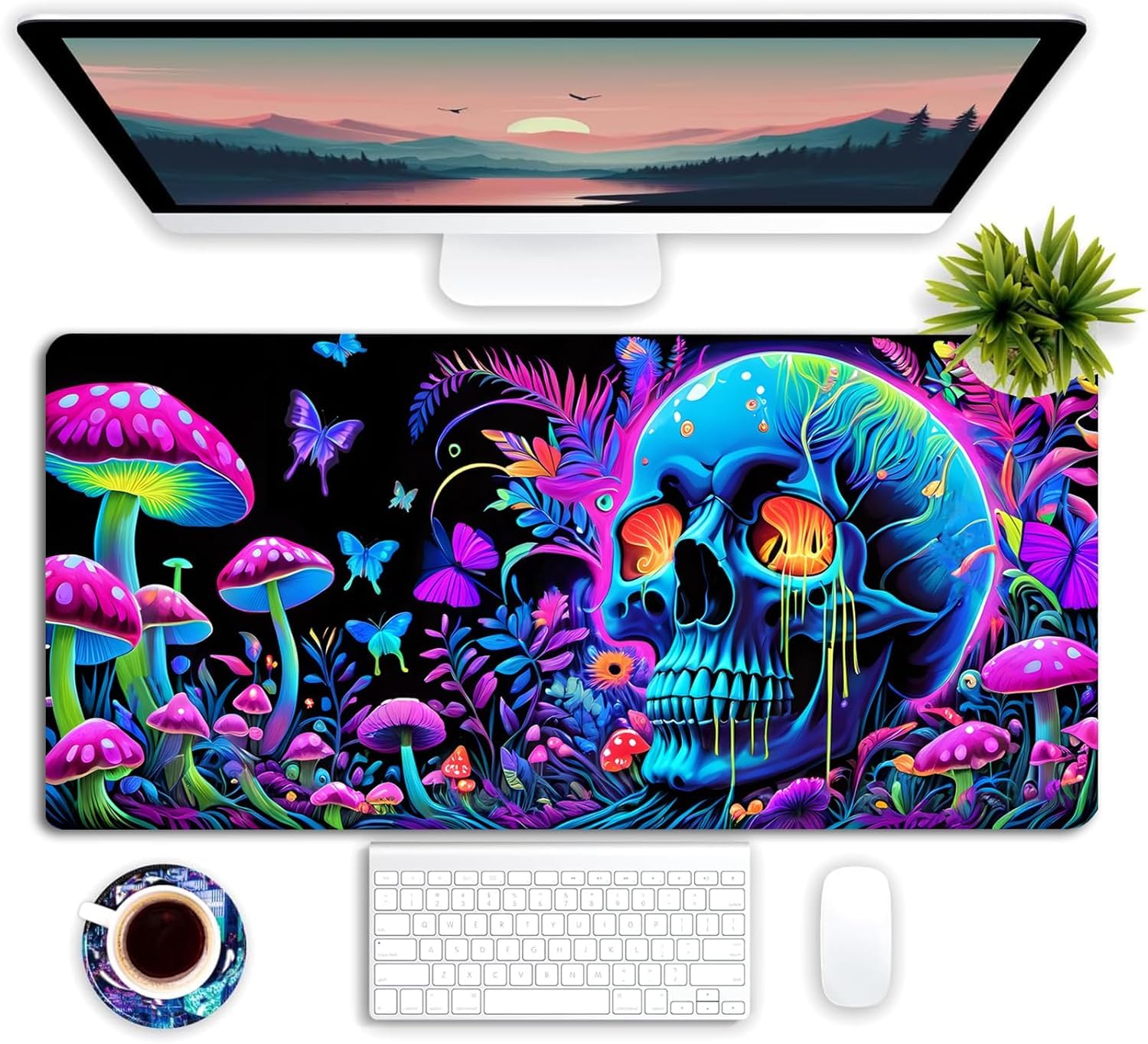 Simpkeely Large Skull Mushroom Gaming Mouse Pad - UV Light Reactive Neon Glow Butterfly Mat