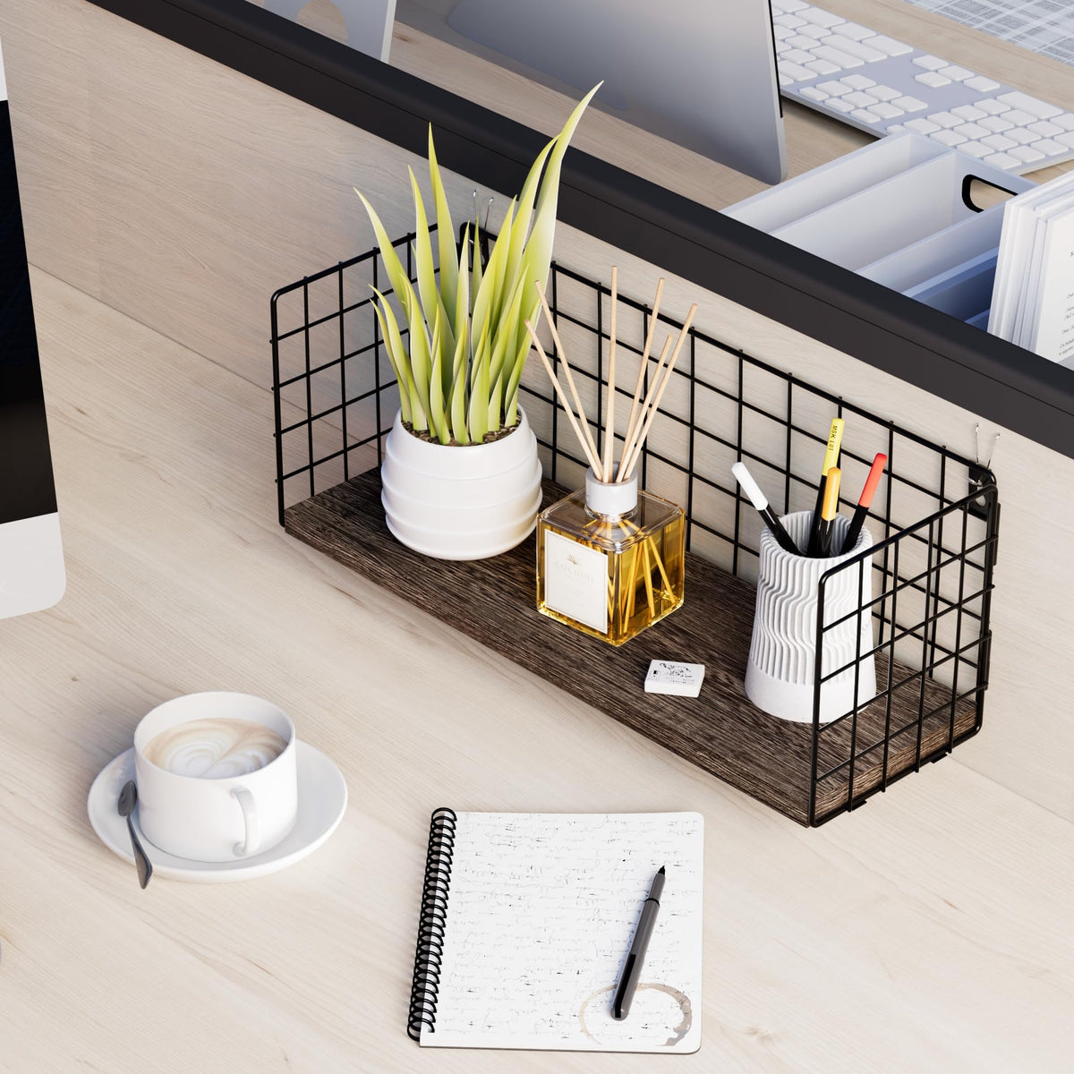 SoaShower Floating Cubicle Shelf with Hooks, Paulownia Wood Desktop Organizer for Office Cubicle