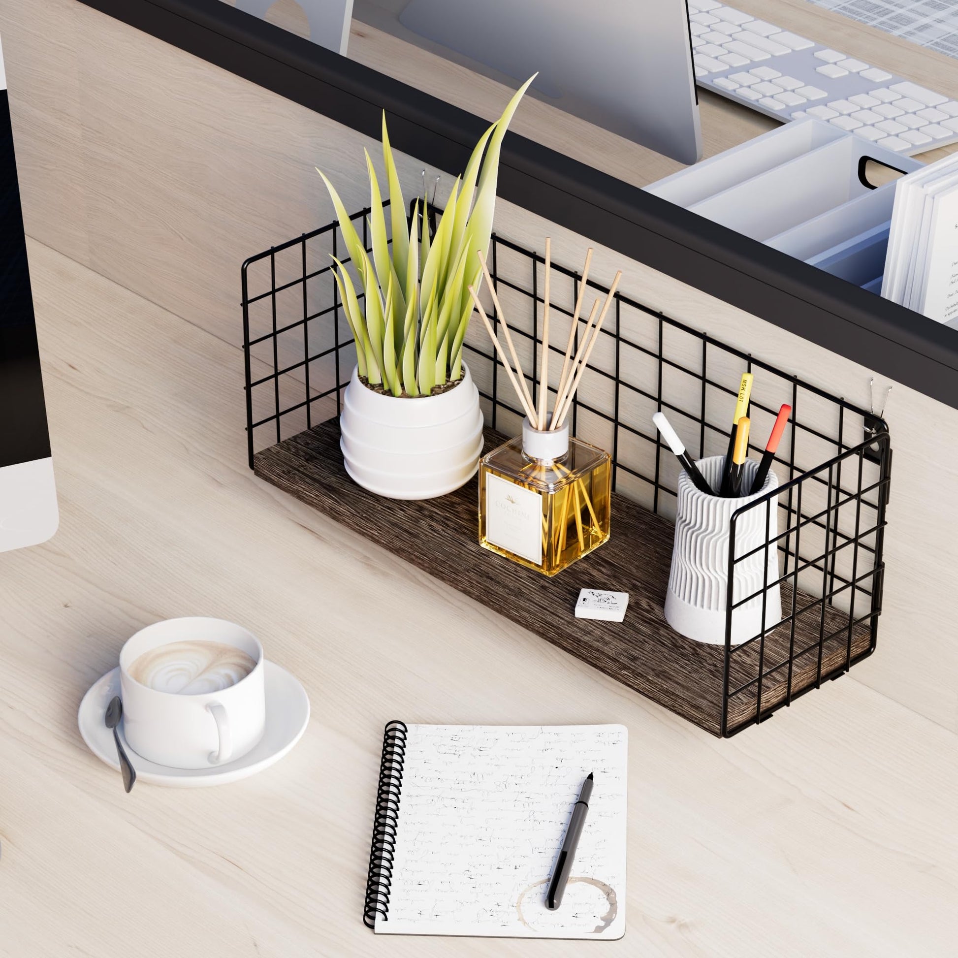 SoaShower Floating Cubicle Shelf with Hooks, Paulownia Wood Desktop Organizer for Office Cubicle