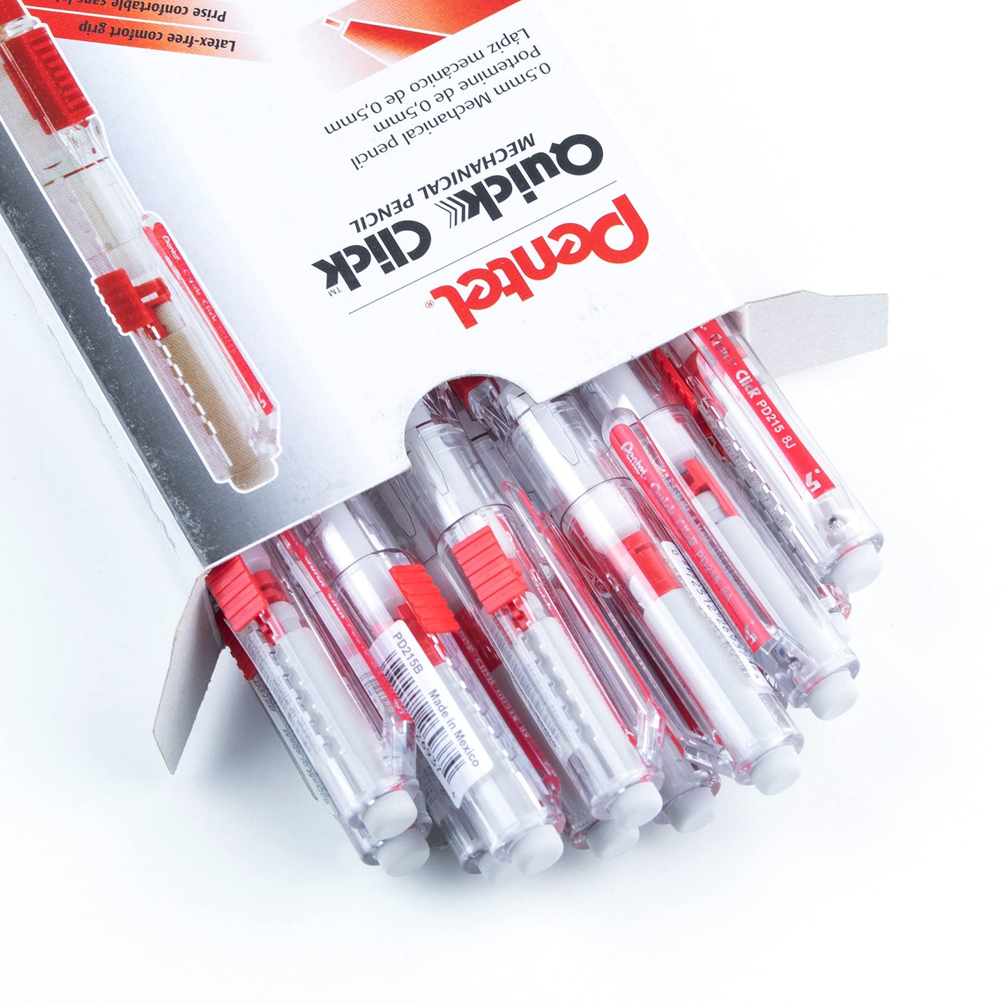Pentel QUICK CLICK Mechanical Pencil (0.5mm), Red Barrel, Box of 12 Pencils (PD215B)