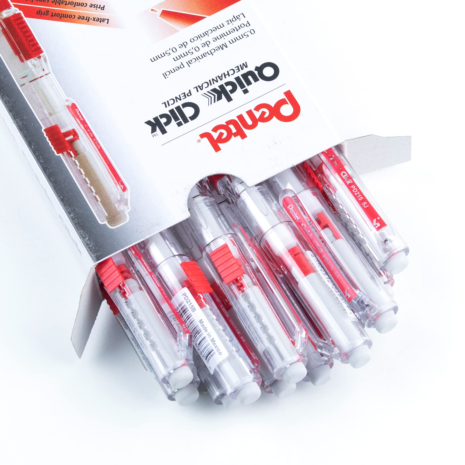 Pentel QUICK CLICK Mechanical Pencil (0.5mm), Red Barrel, Box of 12 Pencils (PD215B)